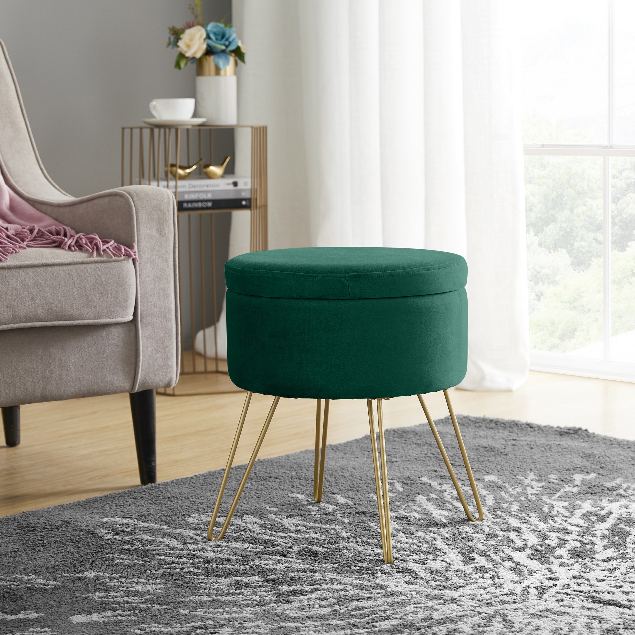 Round Velvet Storage Ottoman with Metal Legs