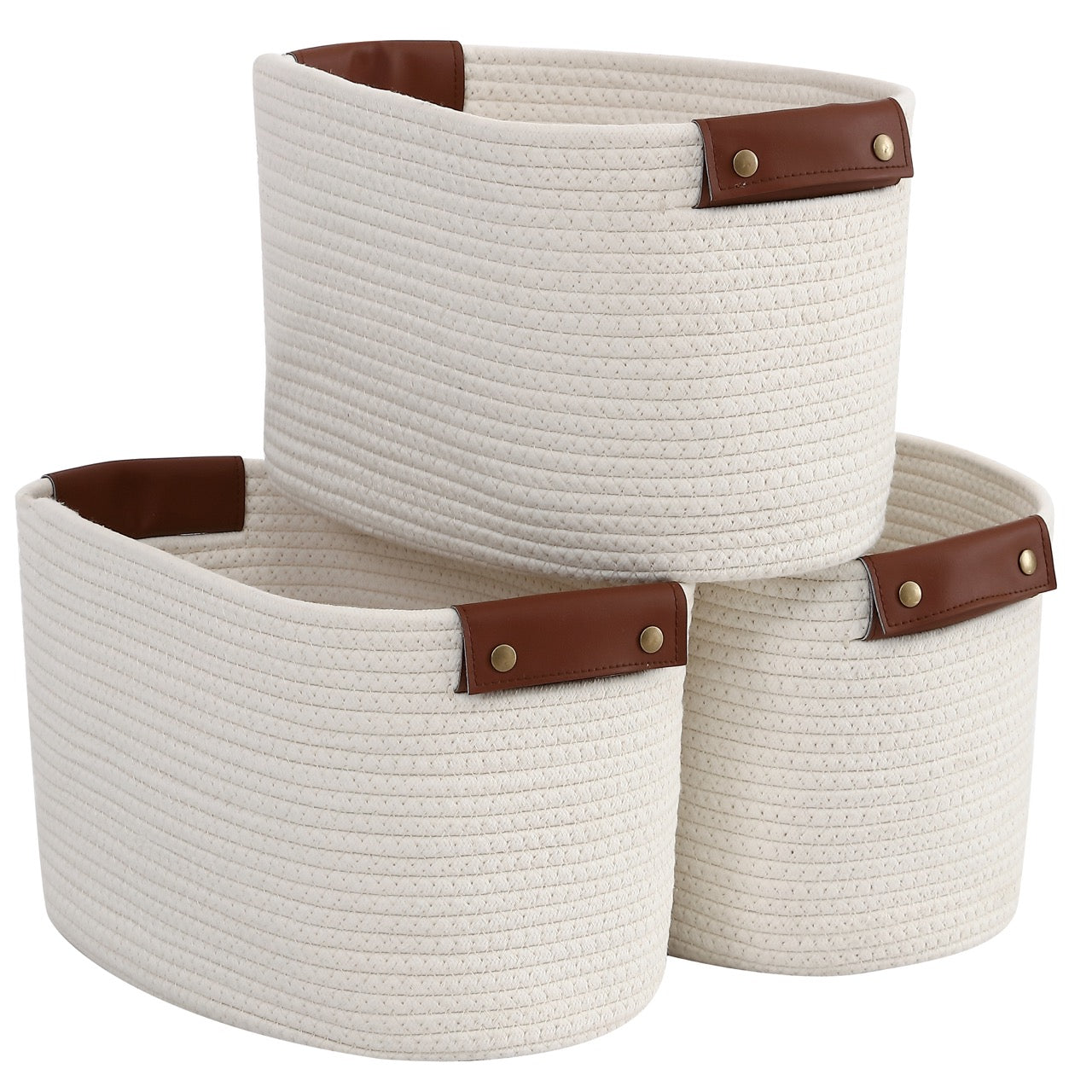 Woven Cotton Rope Shelf Storage Basket with Leather Handles (3 Pack)