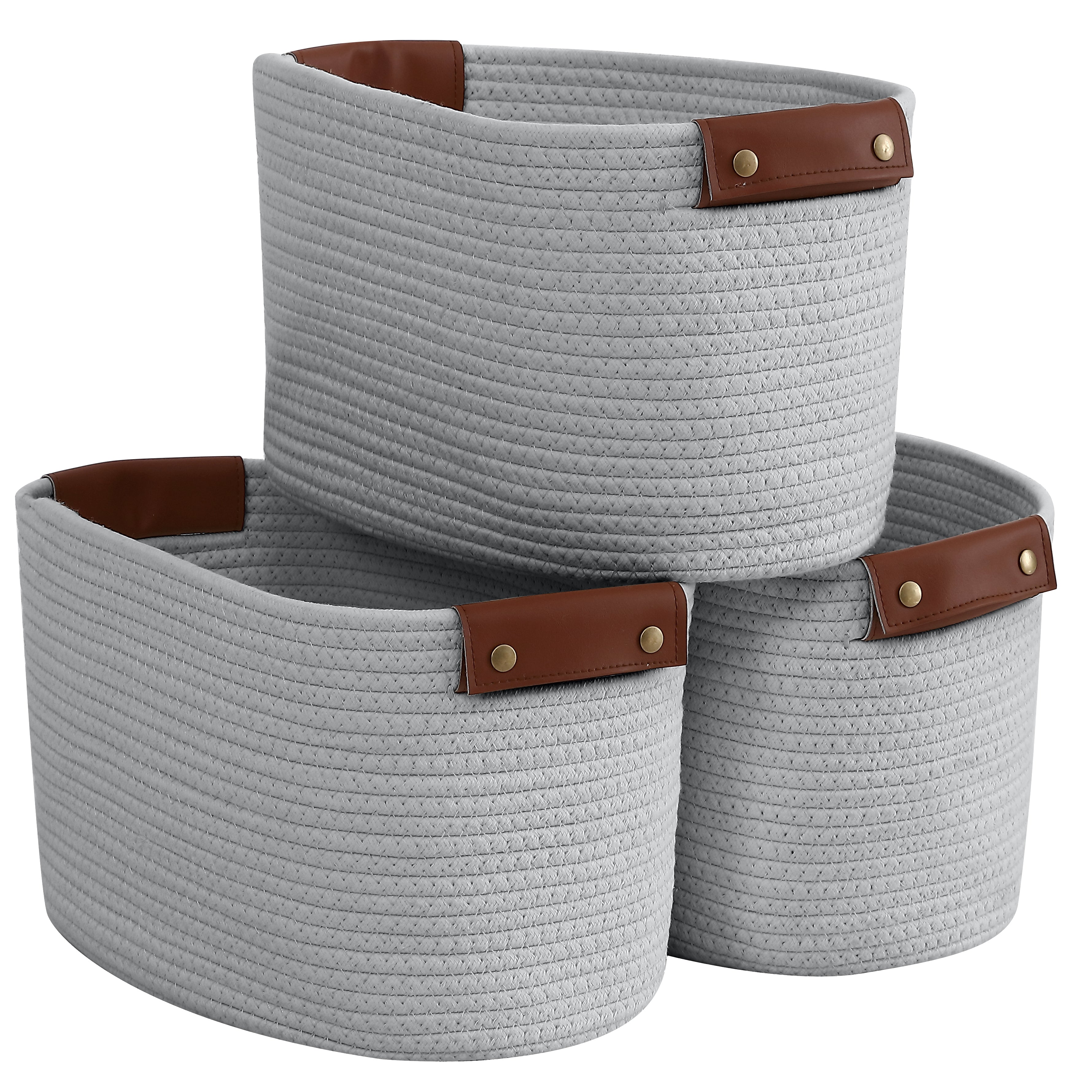 Woven Cotton Rope Shelf Storage Basket with Leather Handles (3 Pack)