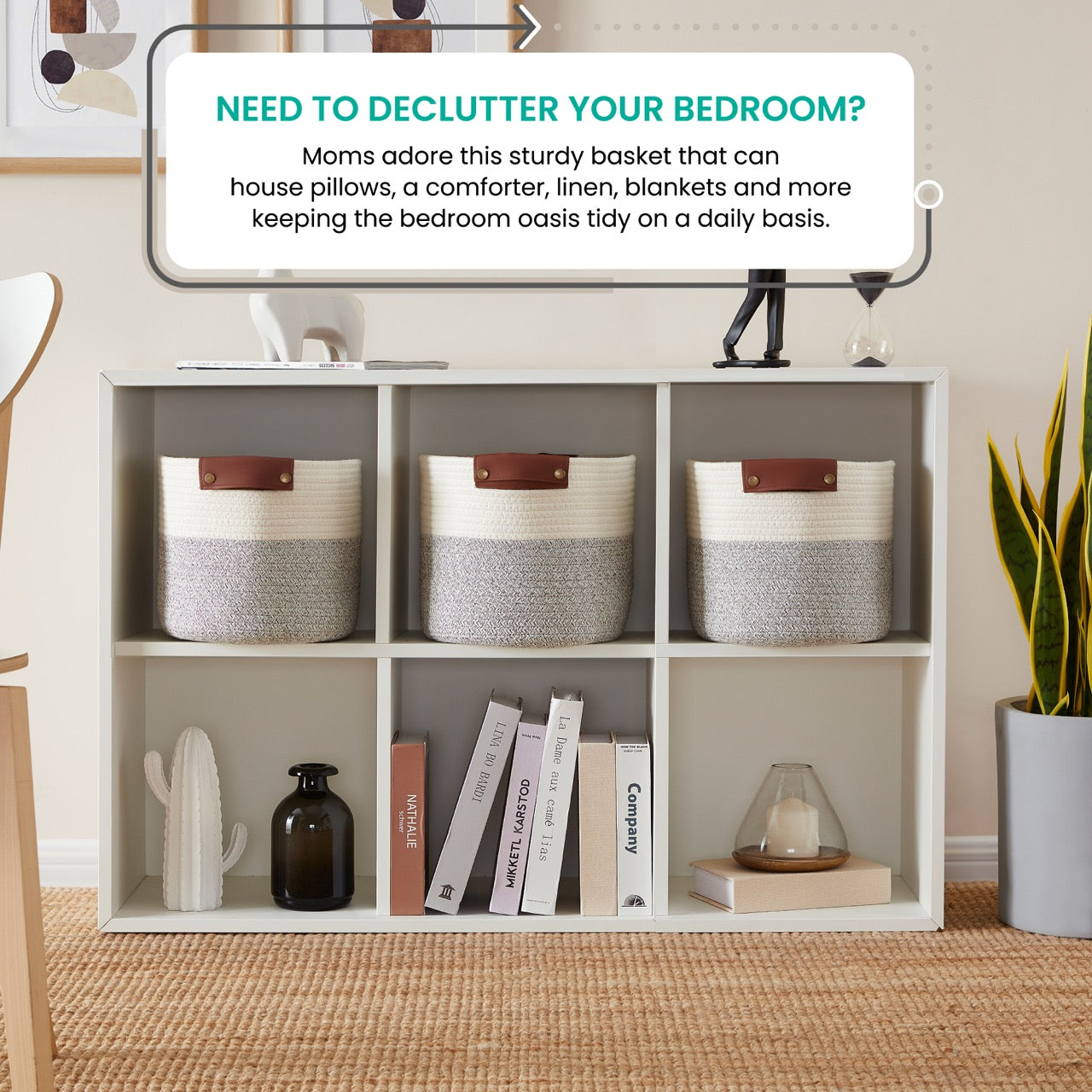 Woven Cotton Rope Shelf Storage Basket with Leather Handles (3 Pack)