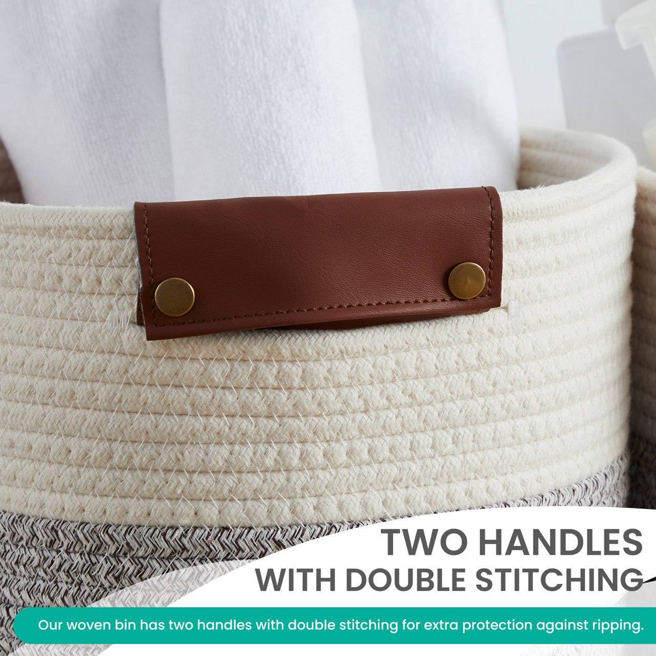 Woven Cotton Rope Shelf Storage Basket with Leather Handles (3 Pack)