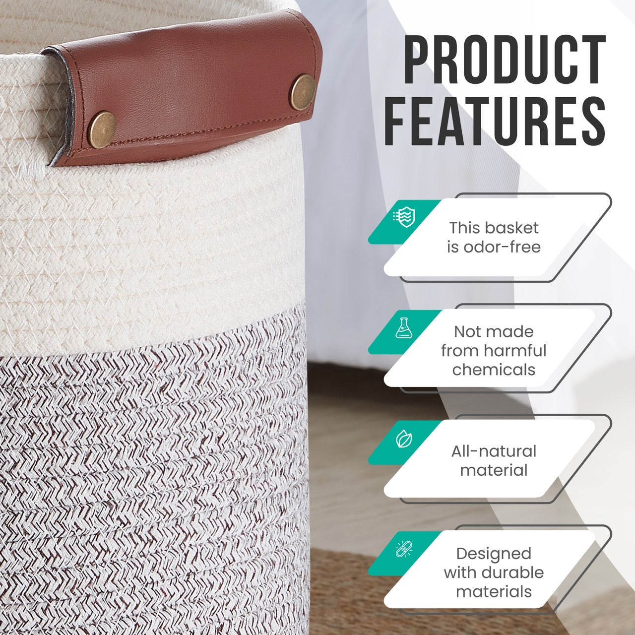 Woven Cotton Rope Shelf Storage Basket with Leather Handles (3 Pack)