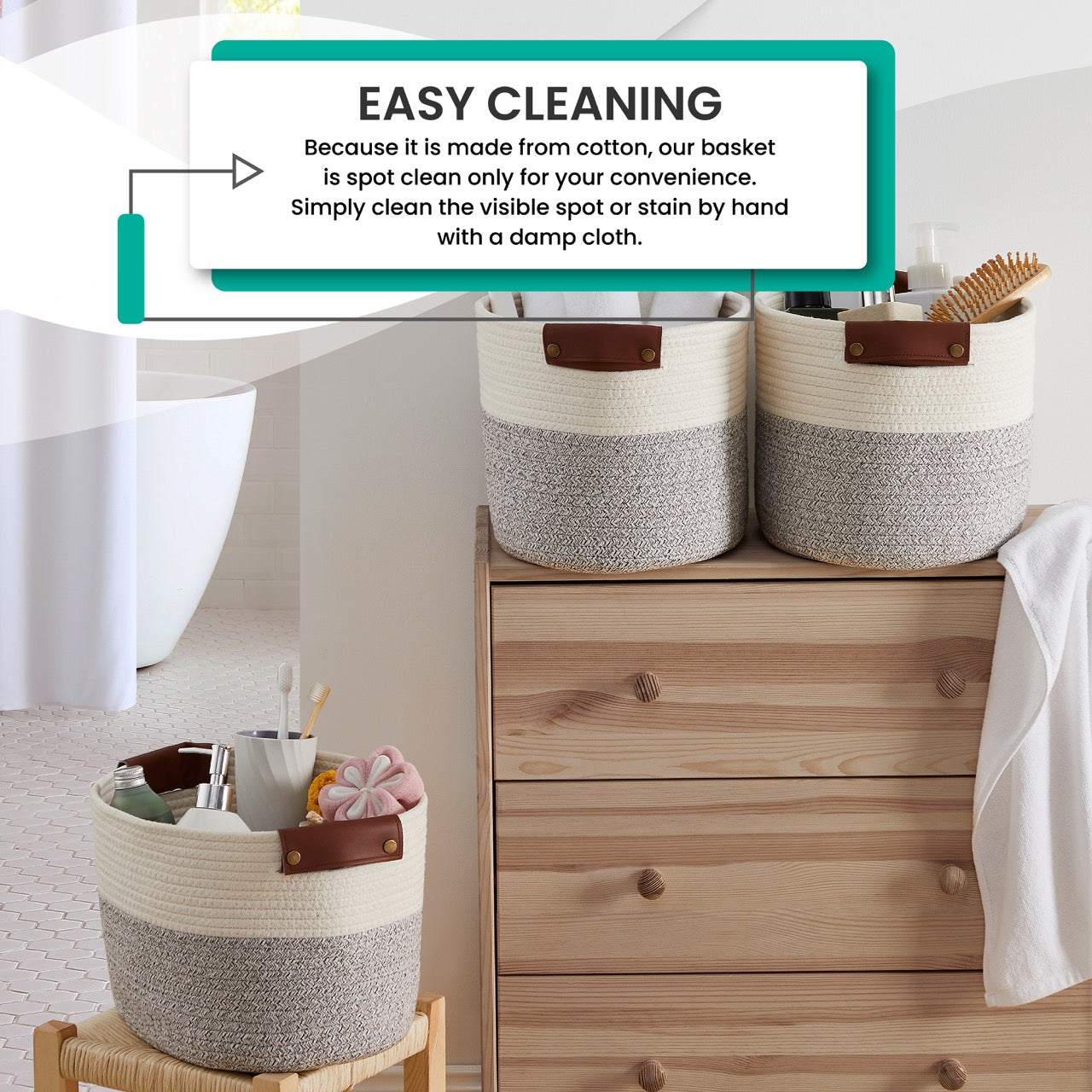 Woven Cotton Rope Shelf Storage Basket with Leather Handles (3 Pack)