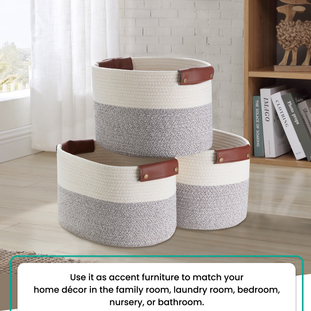 Woven Cotton Rope Shelf Storage Basket with Leather Handles (3 Pack)