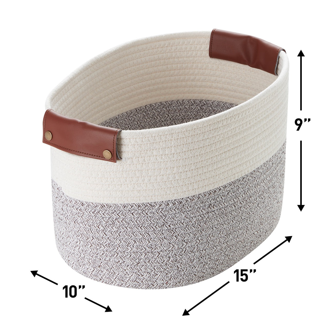 Woven Cotton Rope Shelf Storage Basket with Leather Handles (3 Pack)