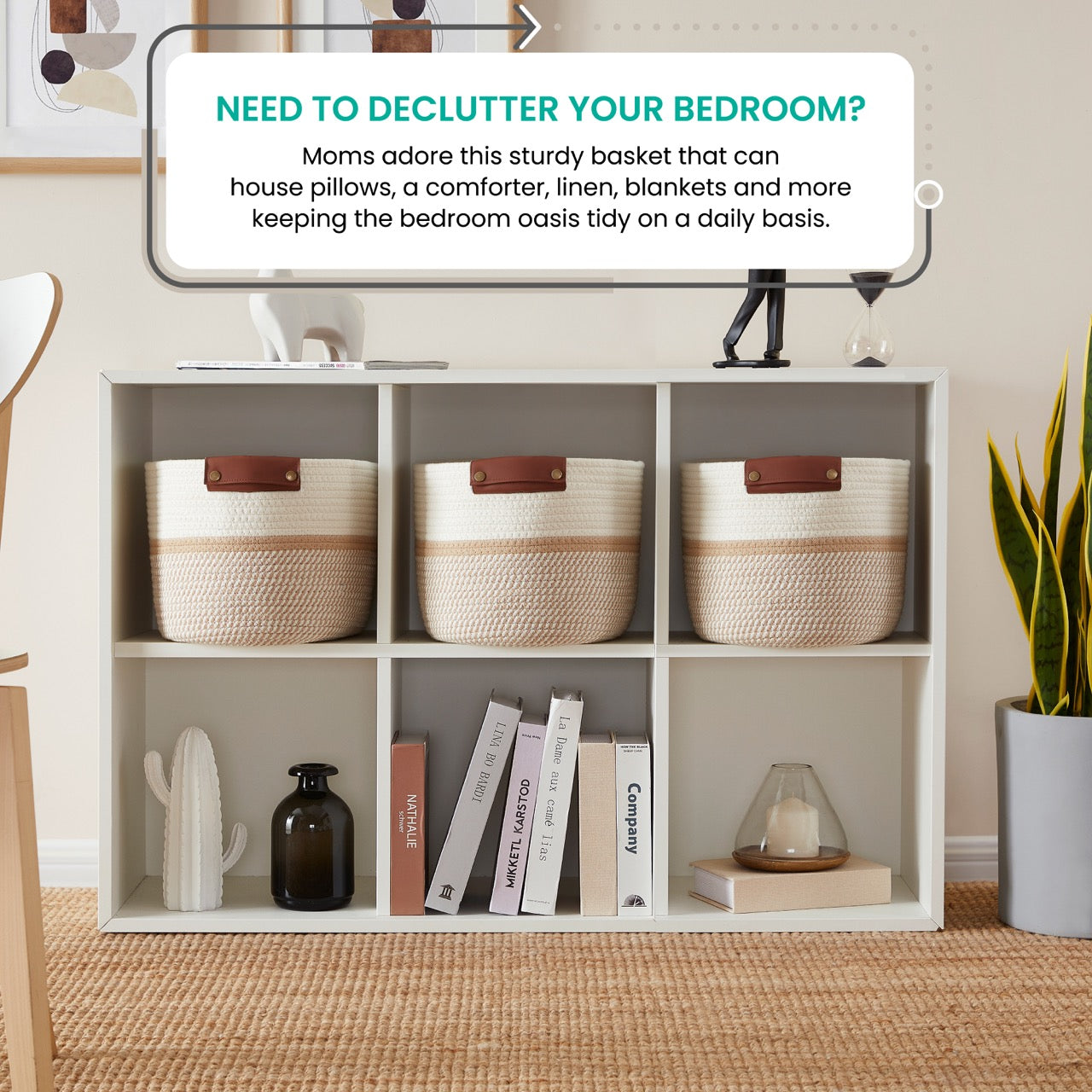 Woven Cotton Rope Shelf Storage Basket with Leather Handles (3 Pack)