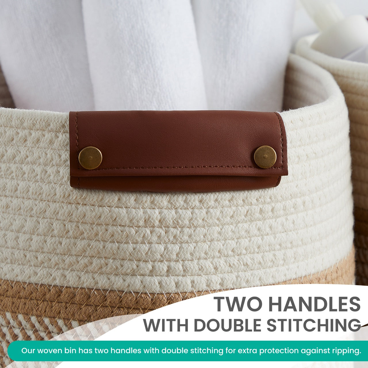 Woven Cotton Rope Shelf Storage Basket with Leather Handles (3 Pack)