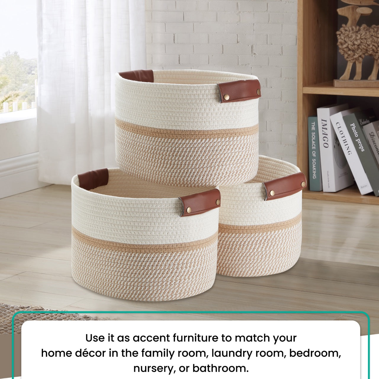Woven Cotton Rope Shelf Storage Basket with Leather Handles (3 Pack)
