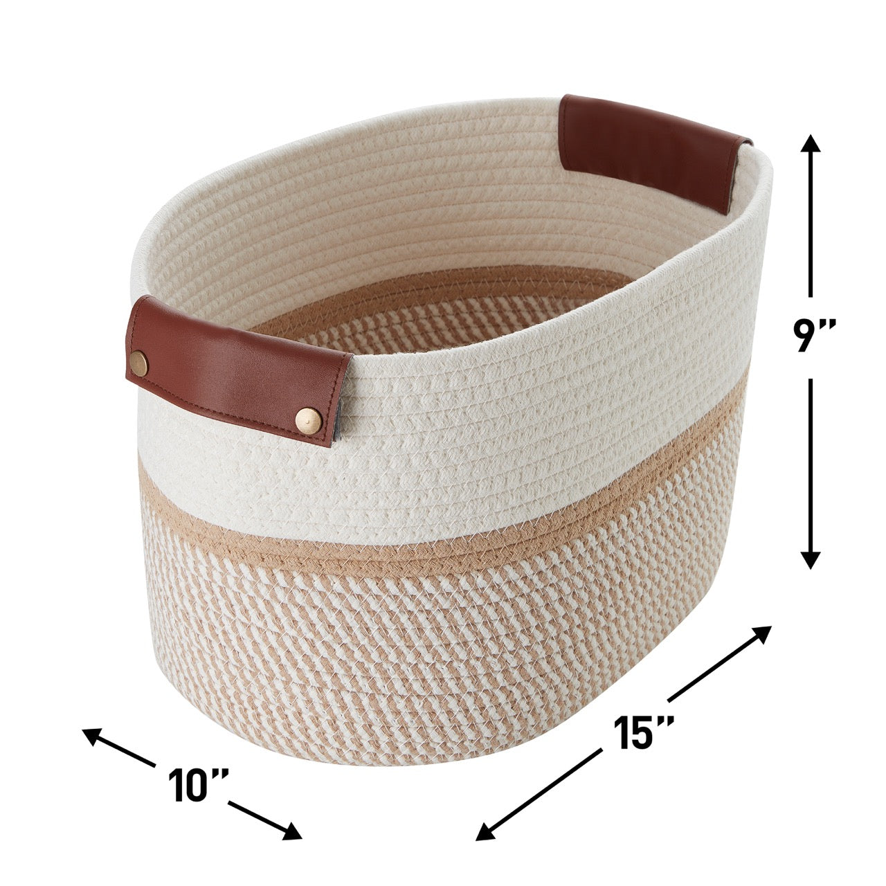 Woven Cotton Rope Shelf Storage Basket with Leather Handles (3 Pack)