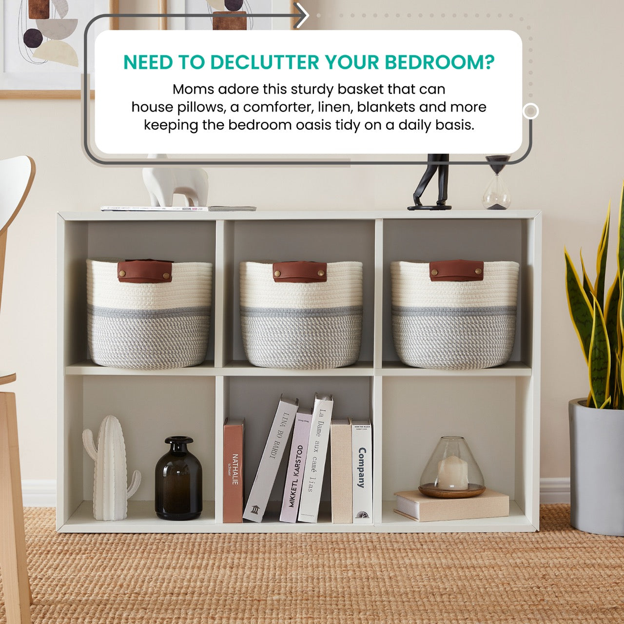 Woven Cotton Rope Shelf Storage Basket with Leather Handles (3 Pack)