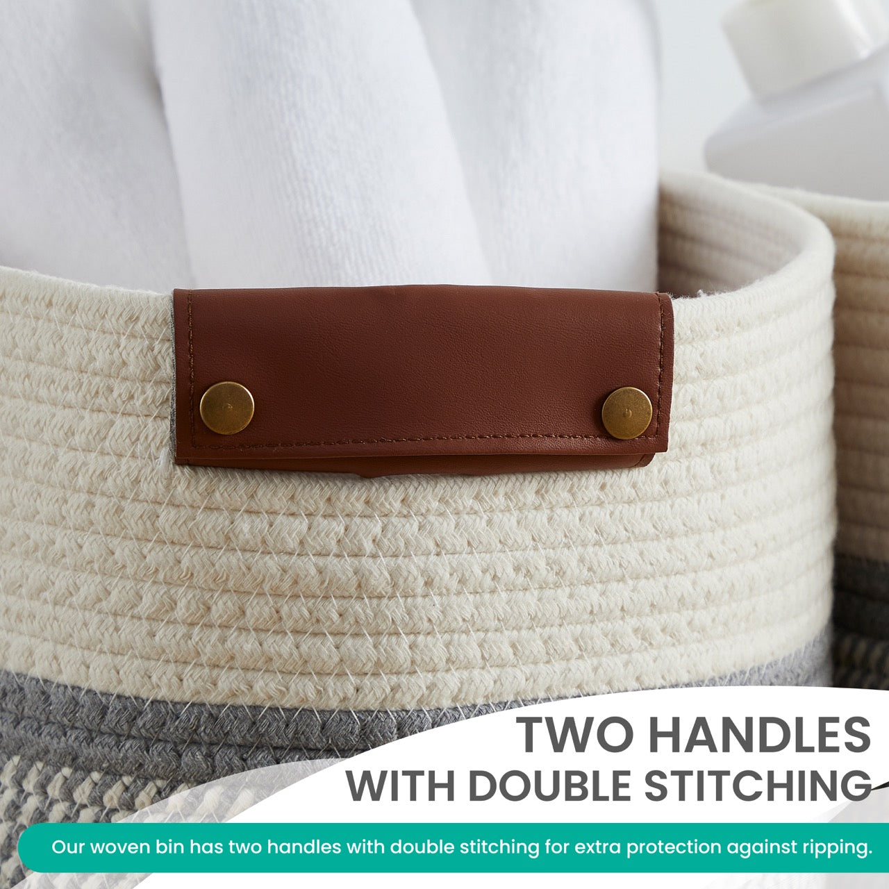 Woven Cotton Rope Shelf Storage Basket with Leather Handles (3 Pack)