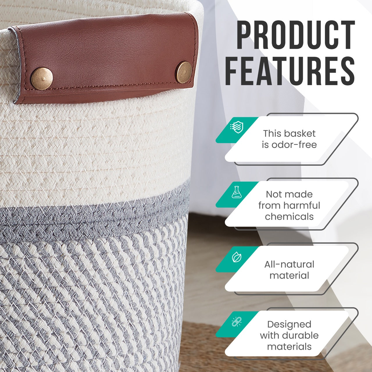 Woven Cotton Rope Shelf Storage Basket with Leather Handles (3 Pack)