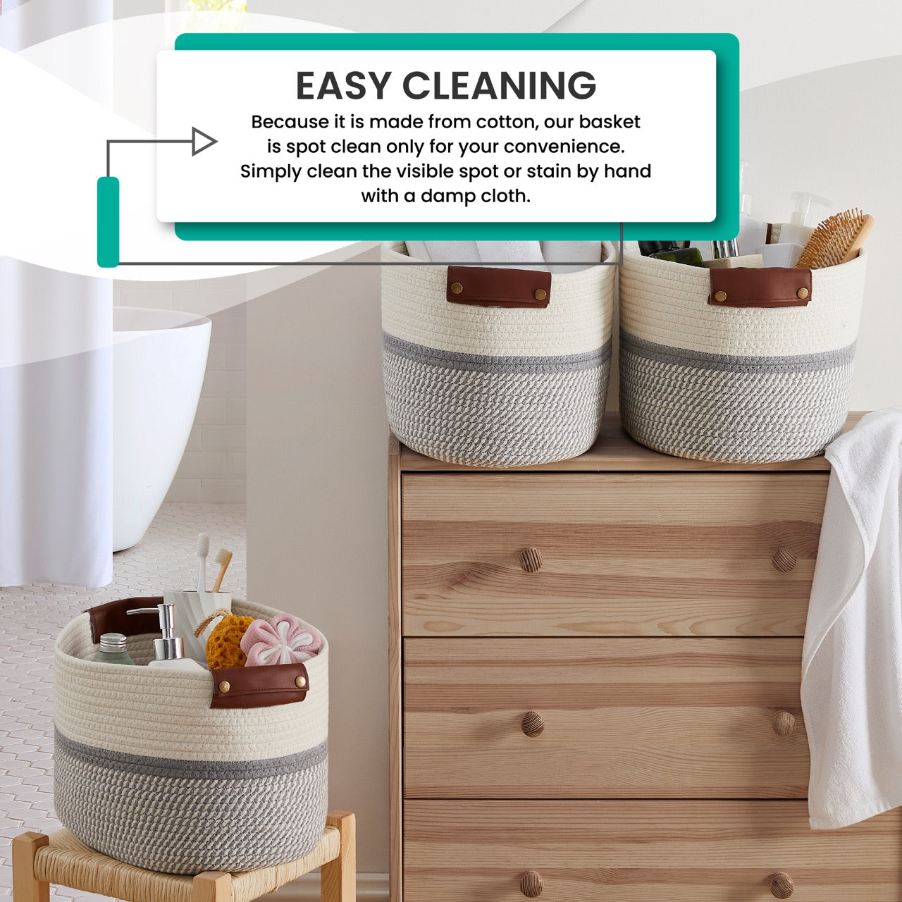 Woven Cotton Rope Shelf Storage Basket with Leather Handles (3 Pack)