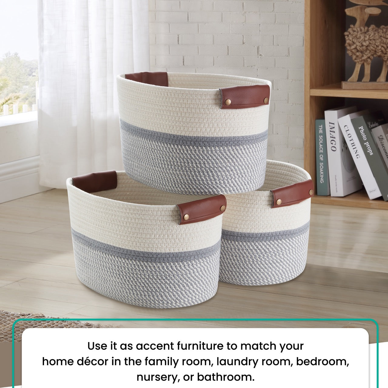 Woven Cotton Rope Shelf Storage Basket with Leather Handles (3 Pack)