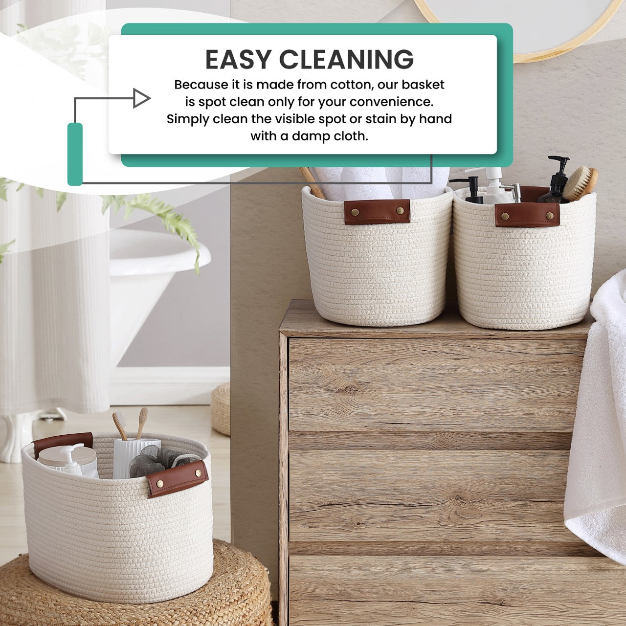 Woven Cotton Rope Shelf Storage Basket with Leather Handles (3 Pack)