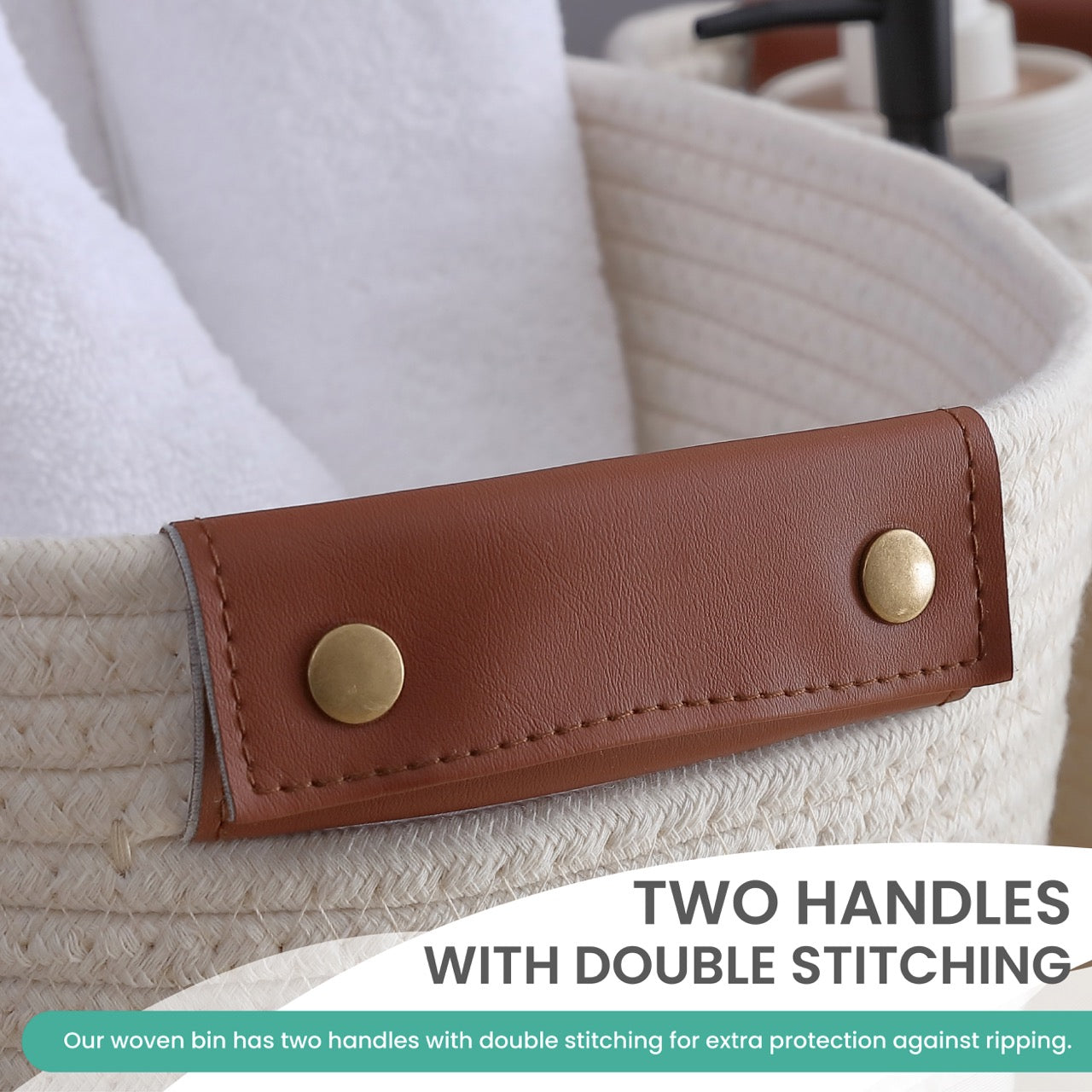 Woven Cotton Rope Shelf Storage Basket with Leather Handles (3 Pack)