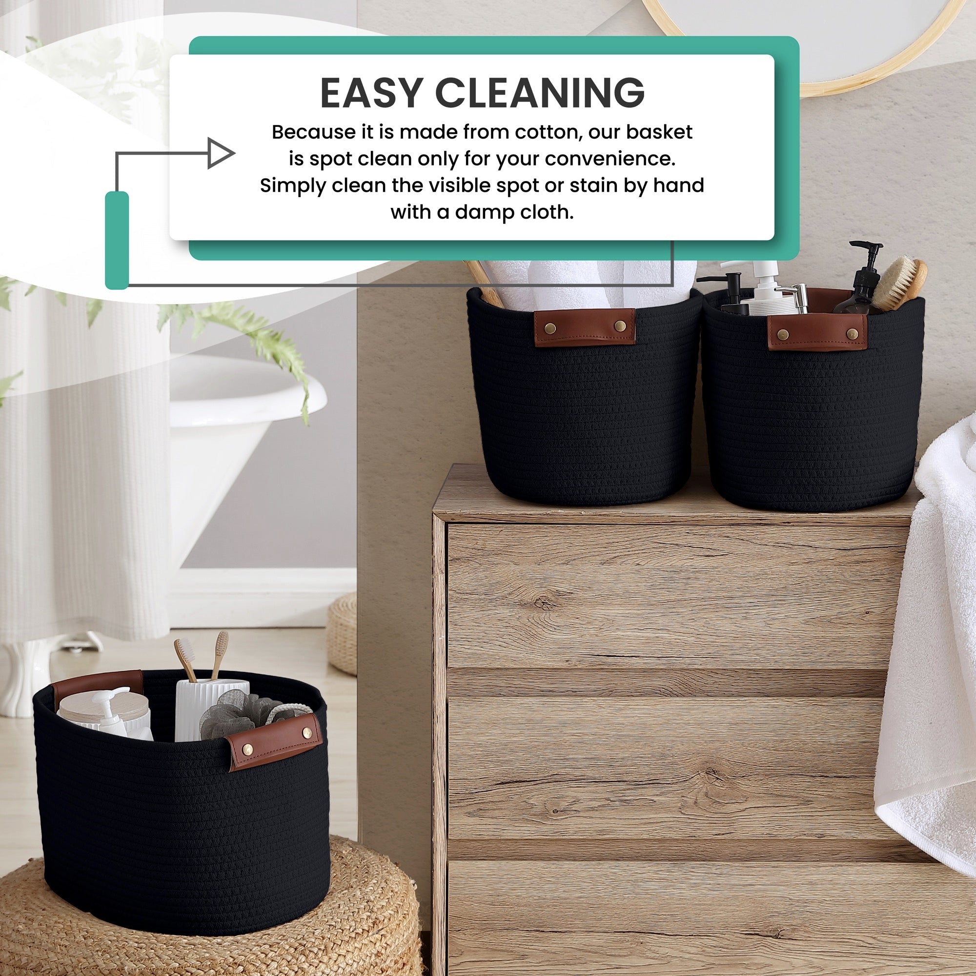 Woven Cotton Rope Shelf Storage Basket with Leather Handles (3 Pack)