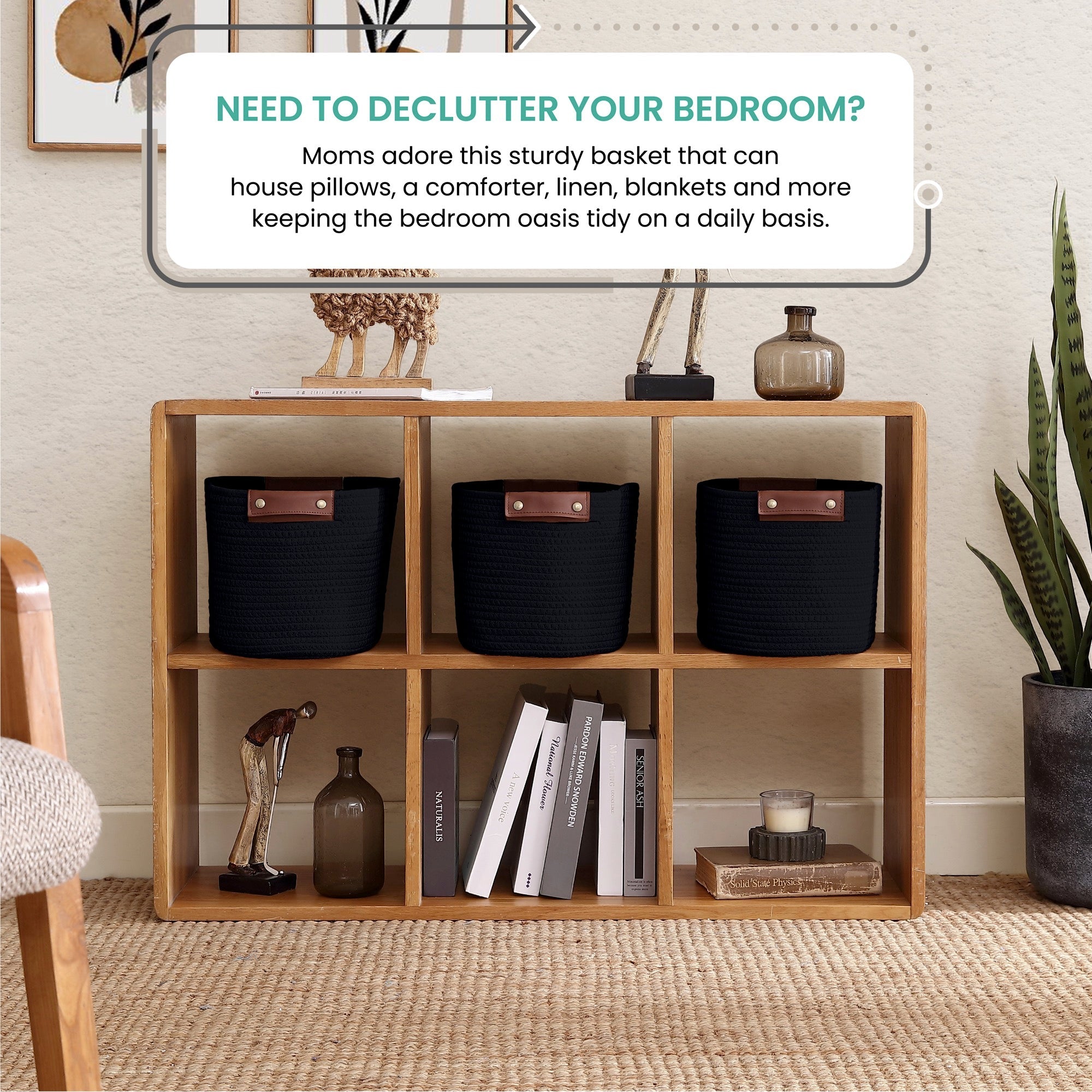 Woven Cotton Rope Shelf Storage Basket with Leather Handles (3 Pack)