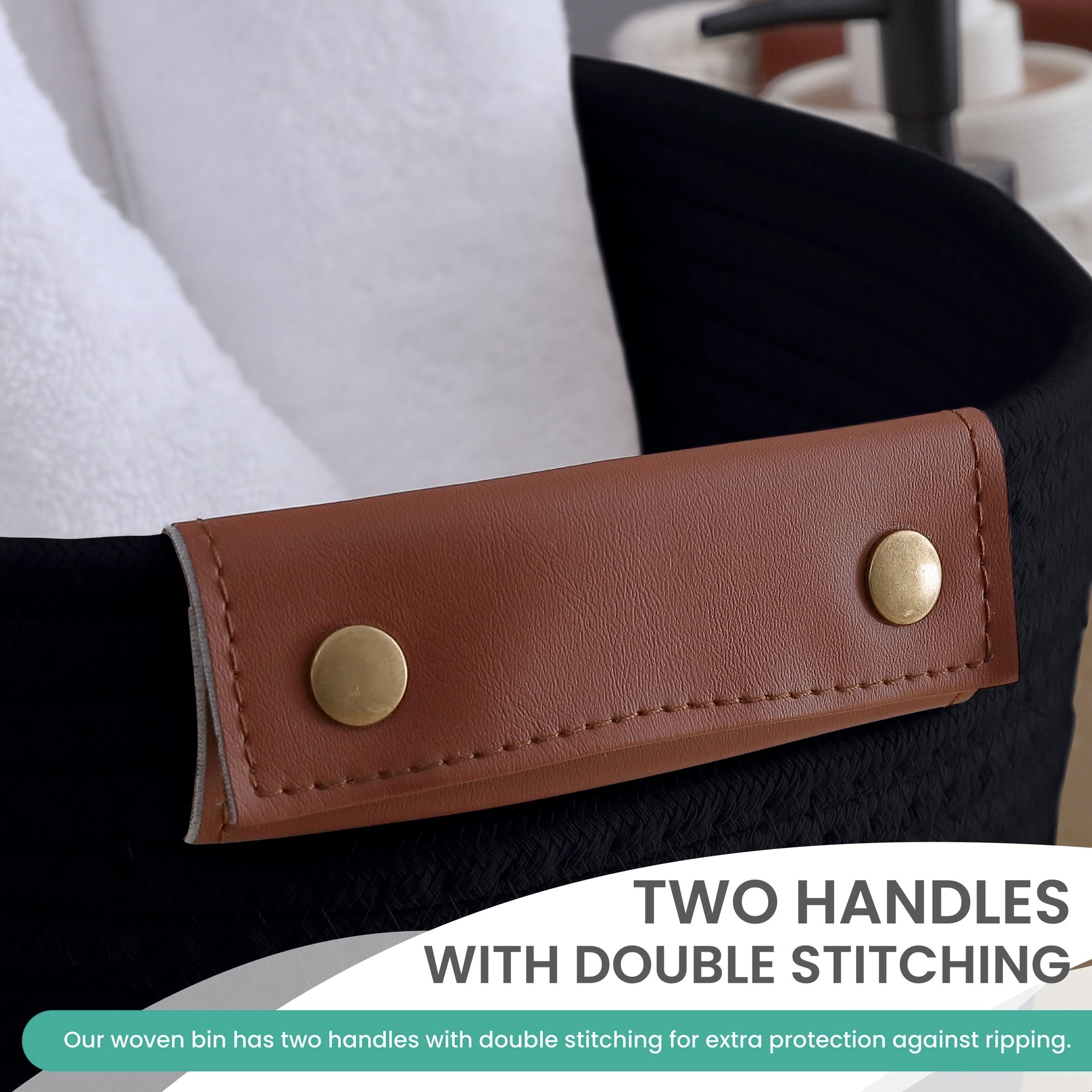 Woven Cotton Rope Shelf Storage Basket with Leather Handles (3 Pack)