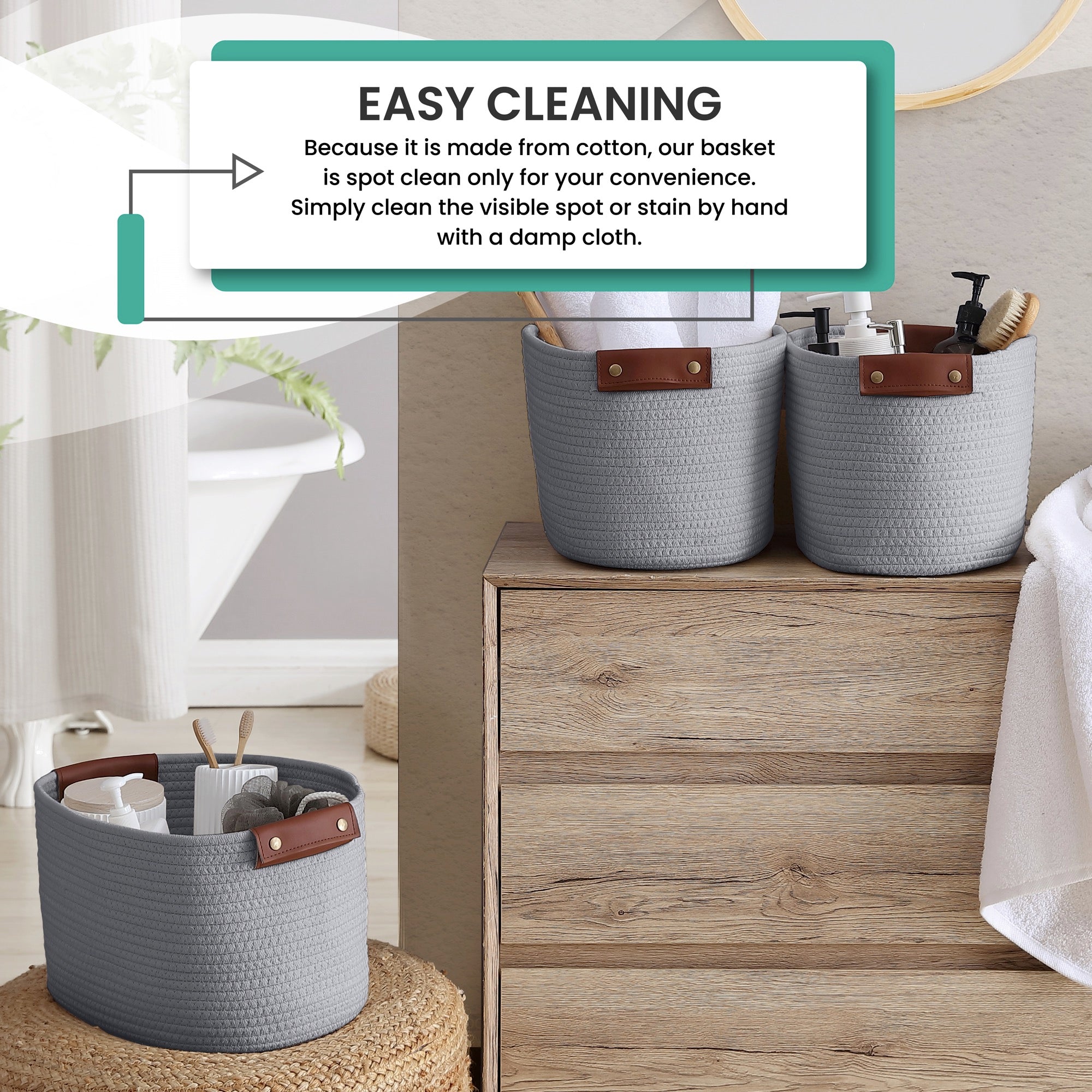 Woven Cotton Rope Shelf Storage Basket with Leather Handles (3 Pack)