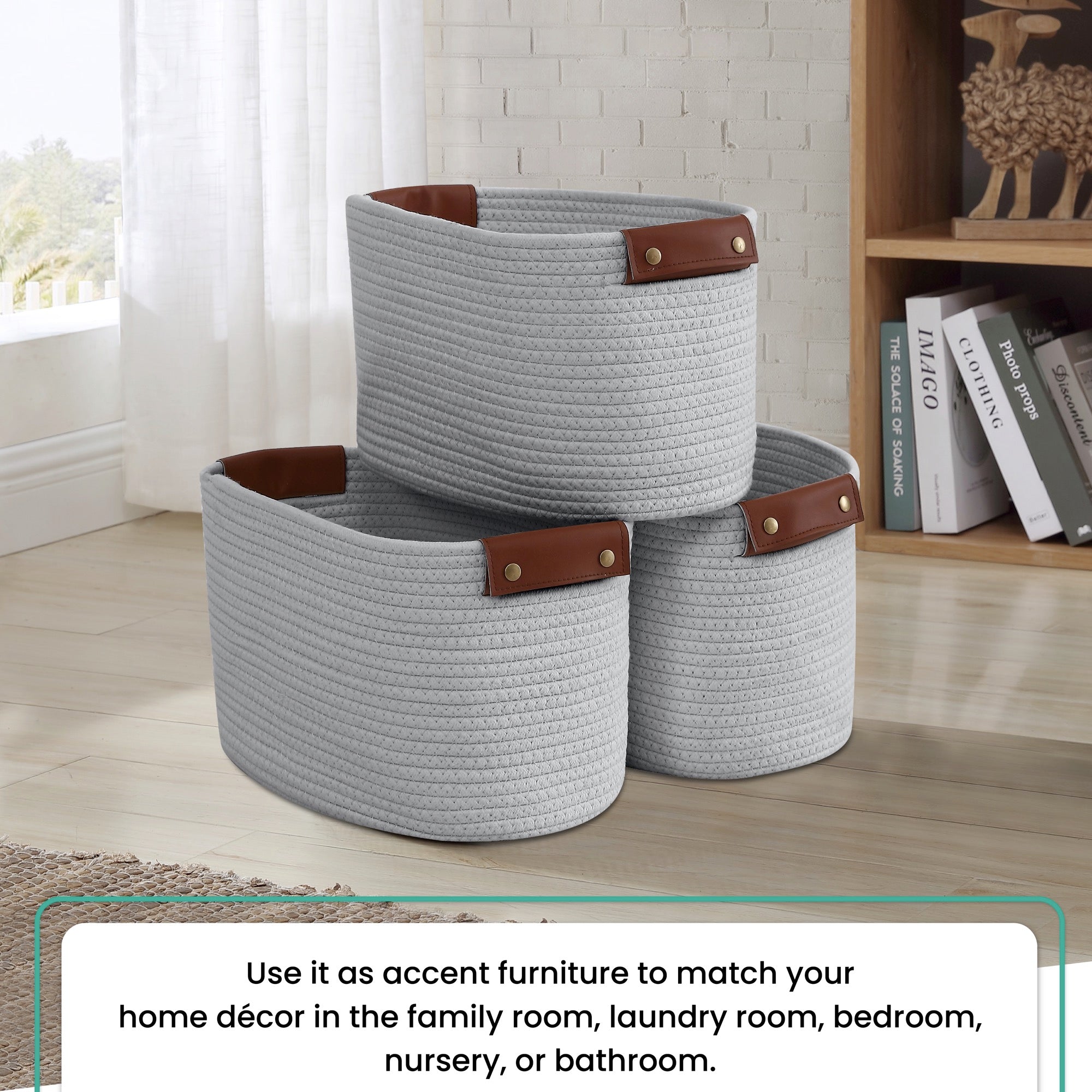 Woven Cotton Rope Shelf Storage Basket with Leather Handles (3 Pack)
