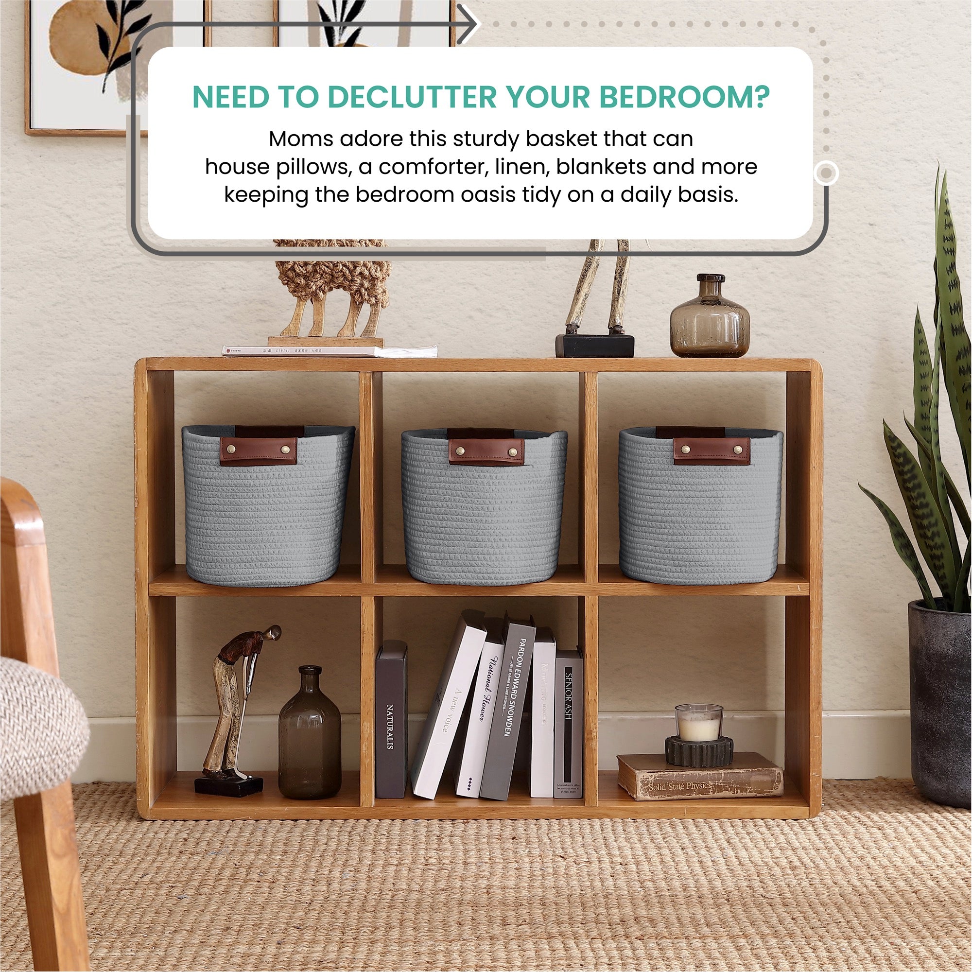 Woven Cotton Rope Shelf Storage Basket with Leather Handles (3 Pack)