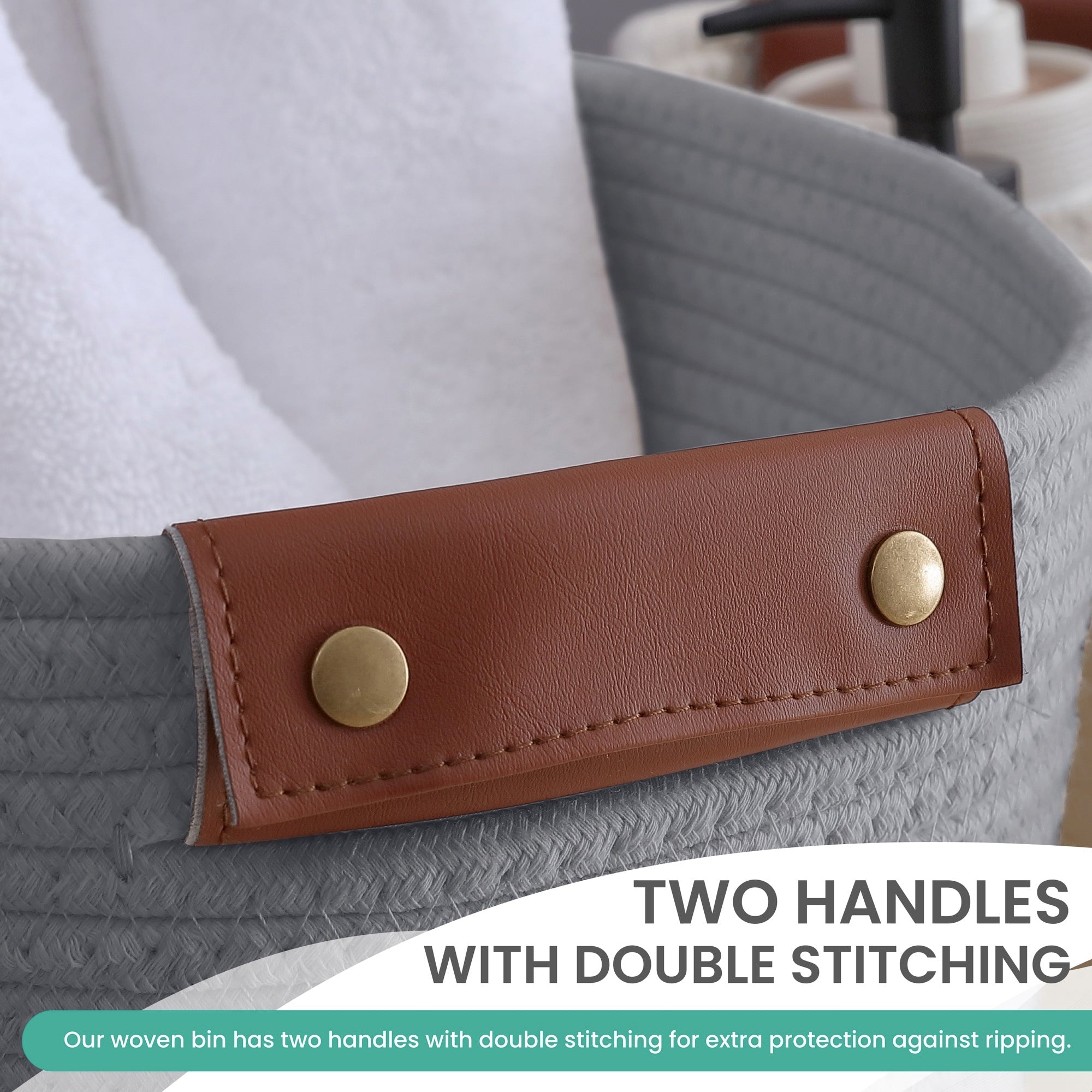 Woven Cotton Rope Shelf Storage Basket with Leather Handles (3 Pack)