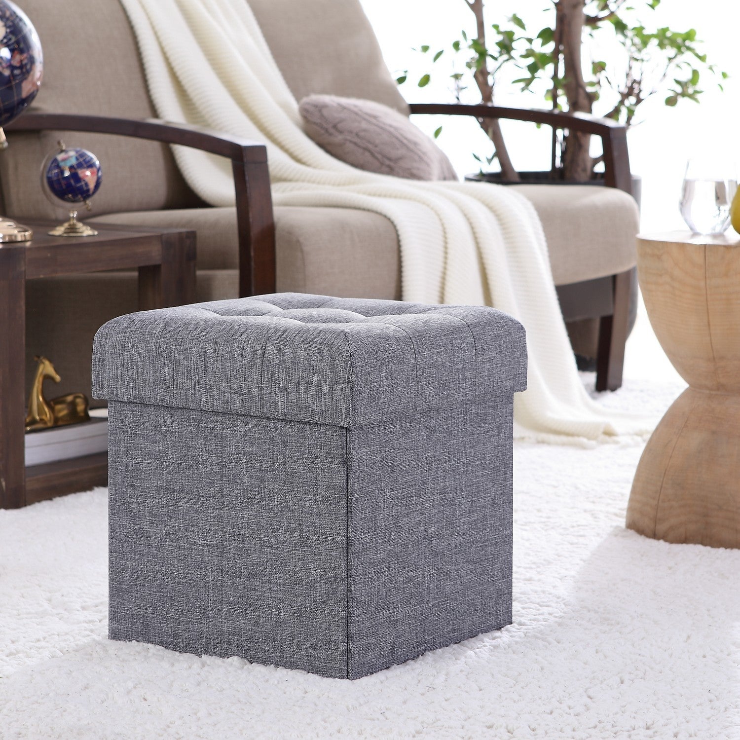 Tufted Linen Storage Ottoman