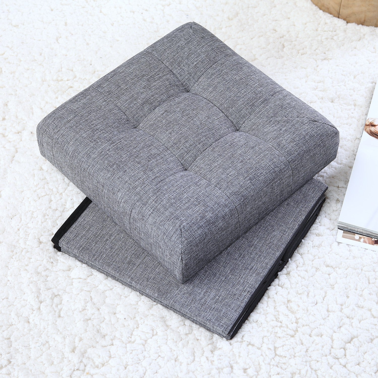 Tufted Linen Storage Ottoman