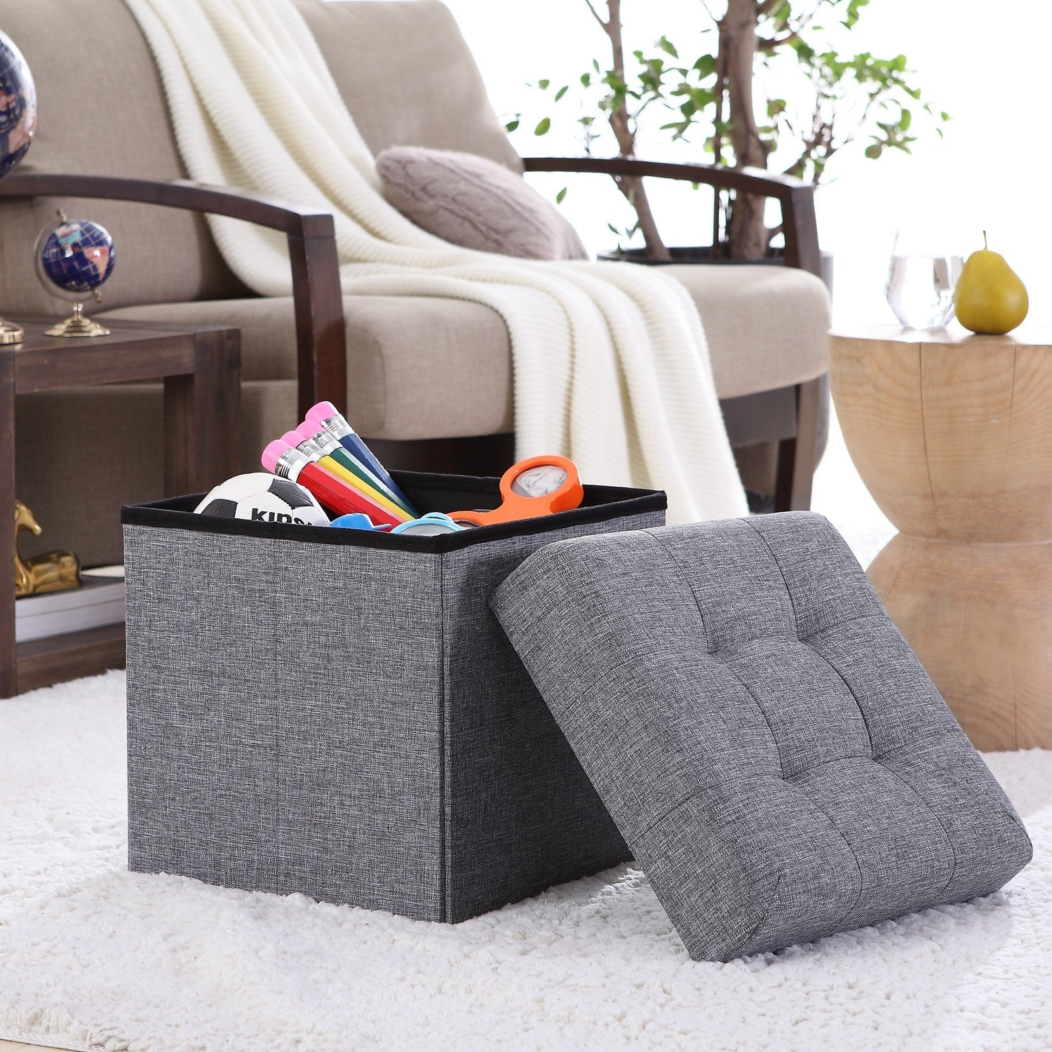Tufted Linen Storage Ottoman
