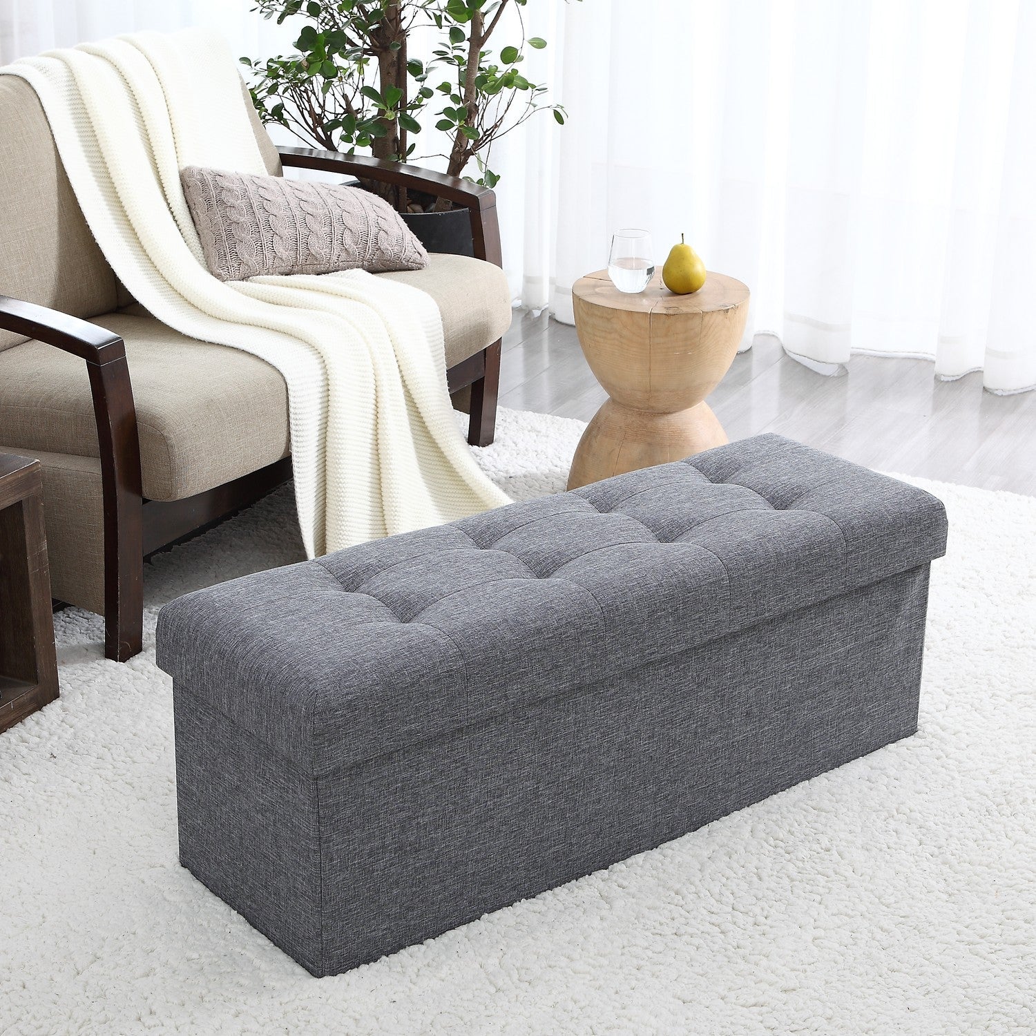 Tufted Linen Storage Ottoman
