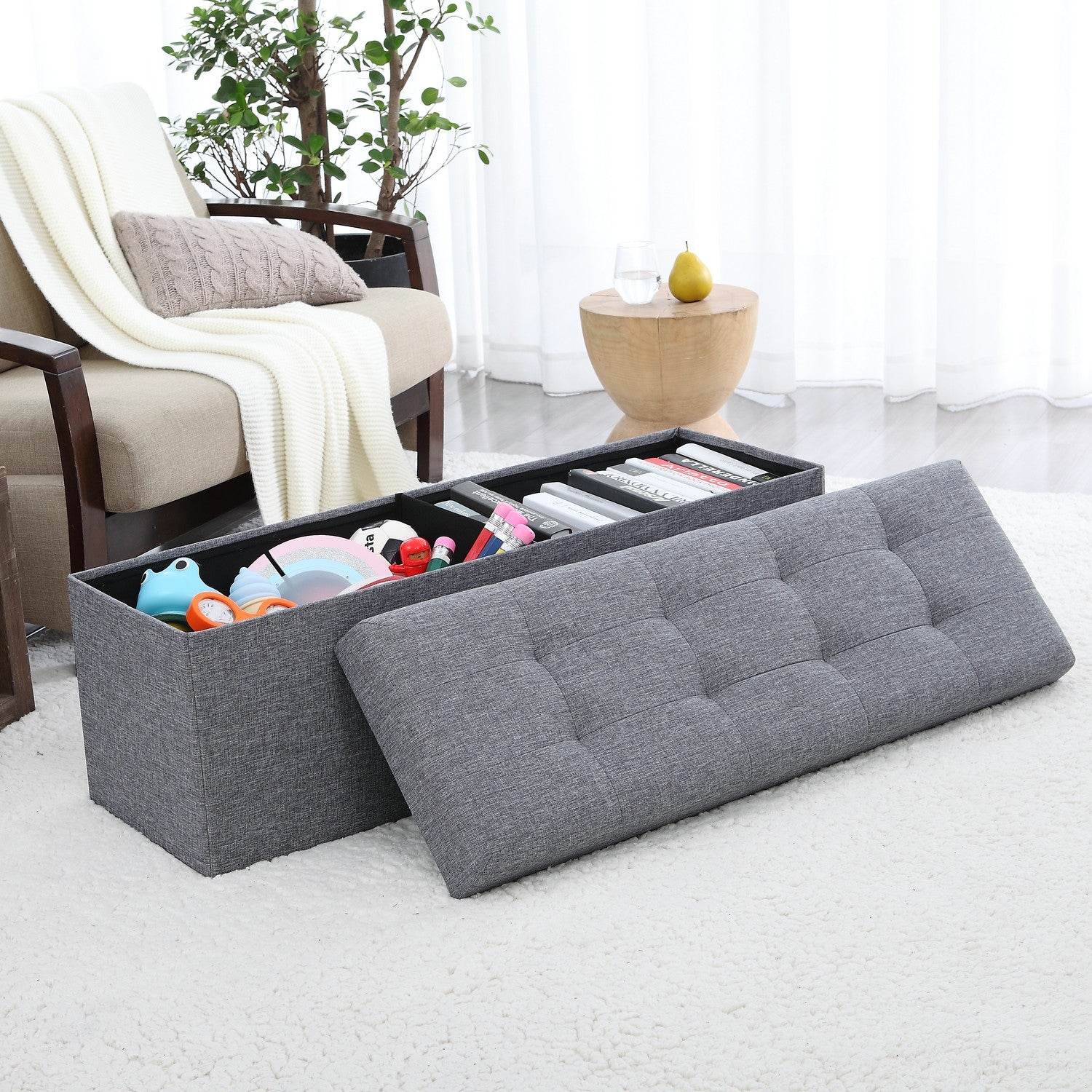 Tufted Linen Storage Ottoman