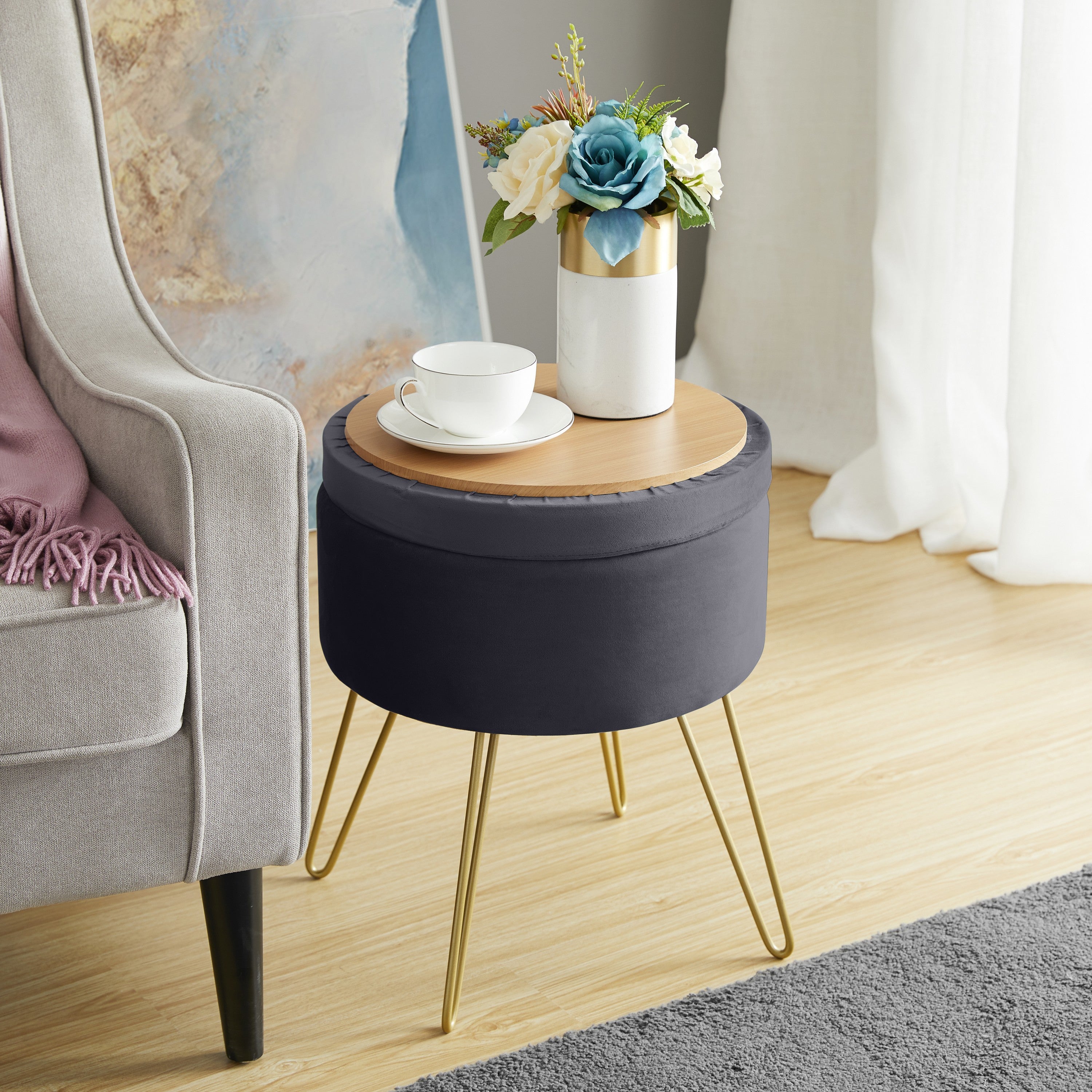 Round Velvet Storage Ottoman