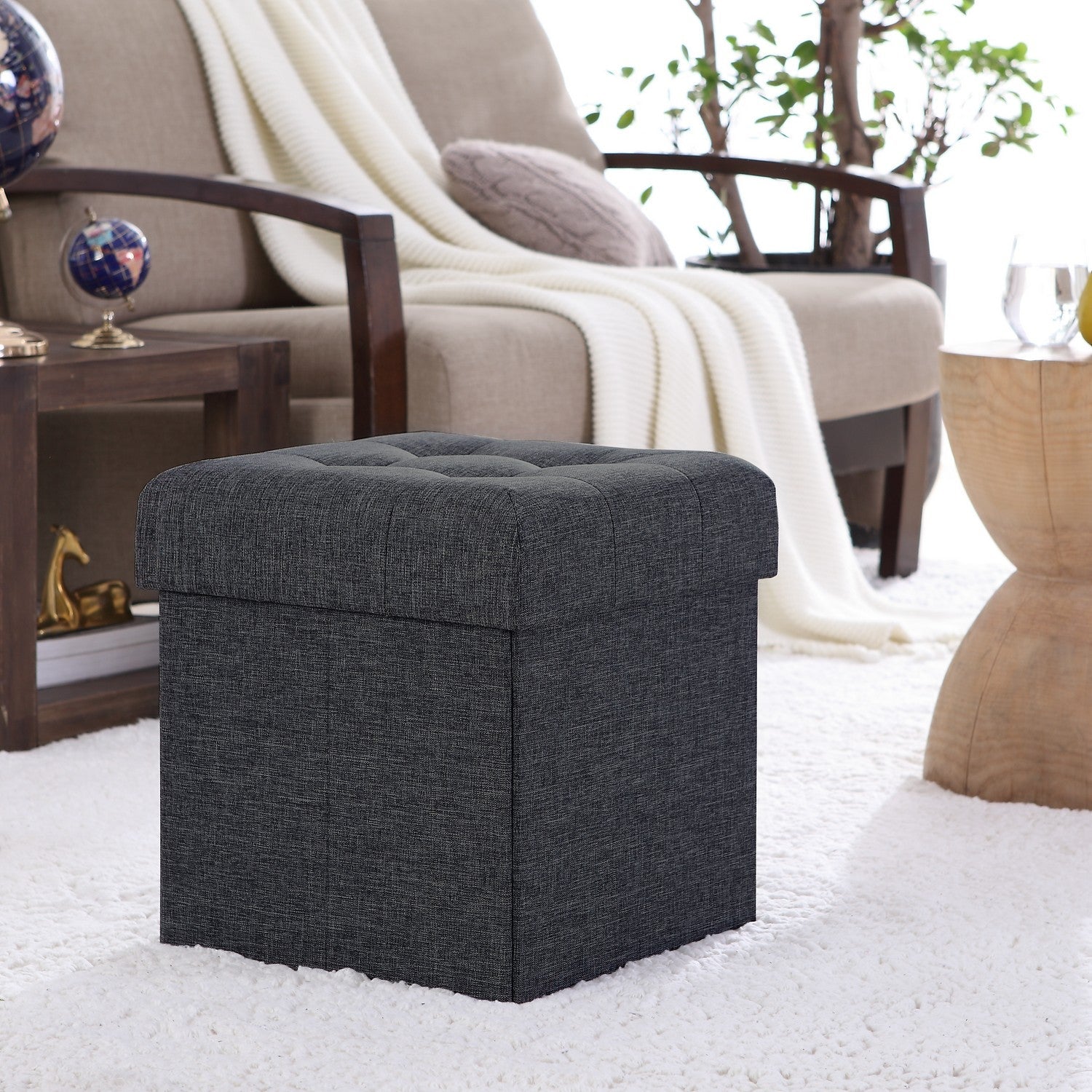 Tufted Linen Storage Ottoman