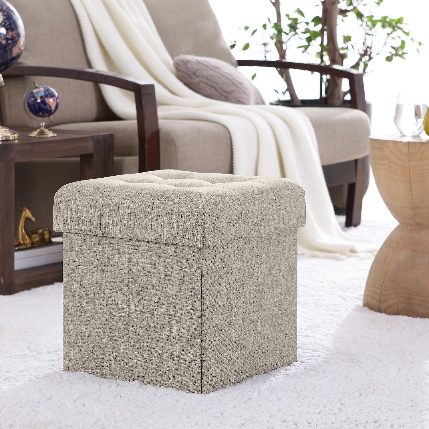 Tufted Linen Storage Ottoman