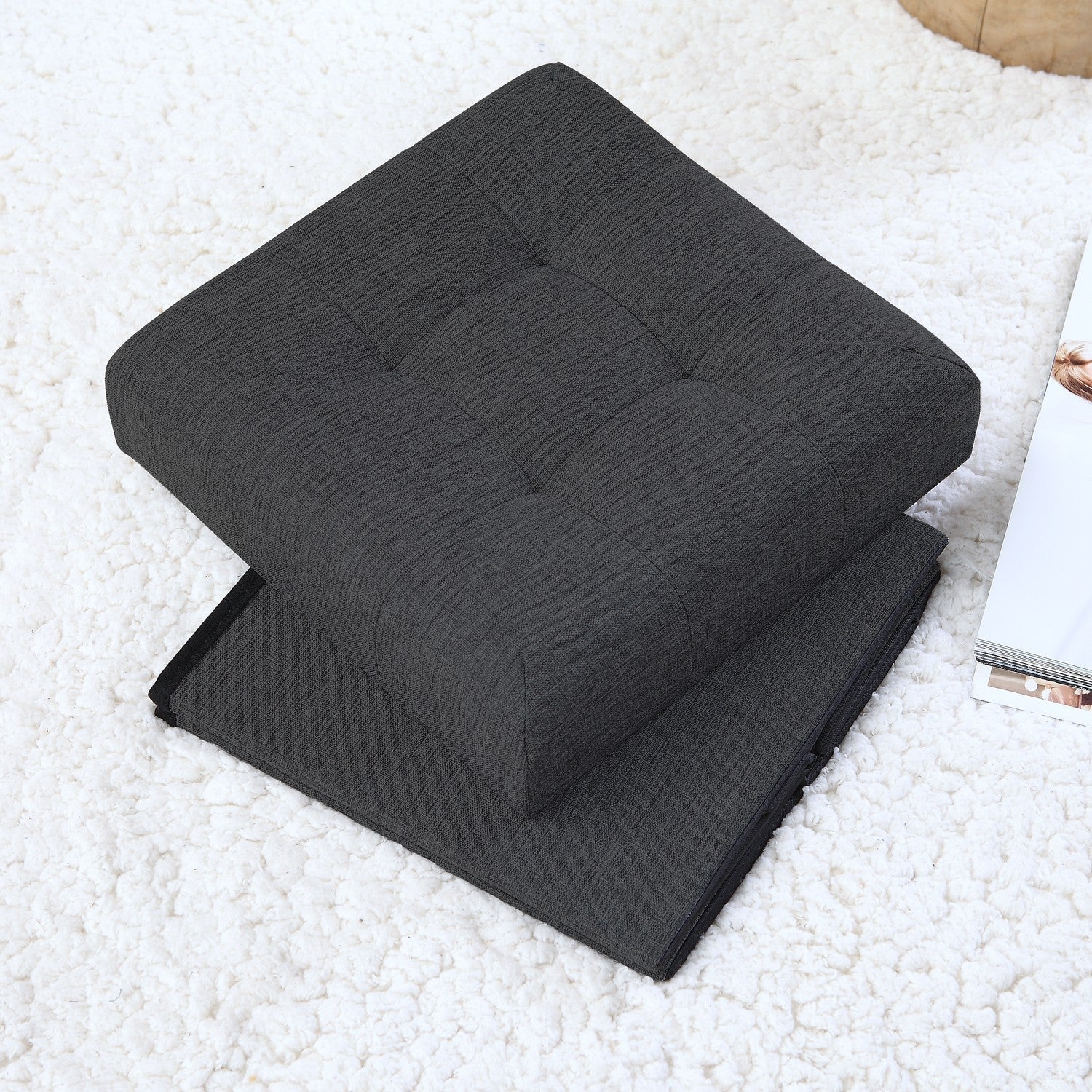 Tufted Linen Storage Ottoman