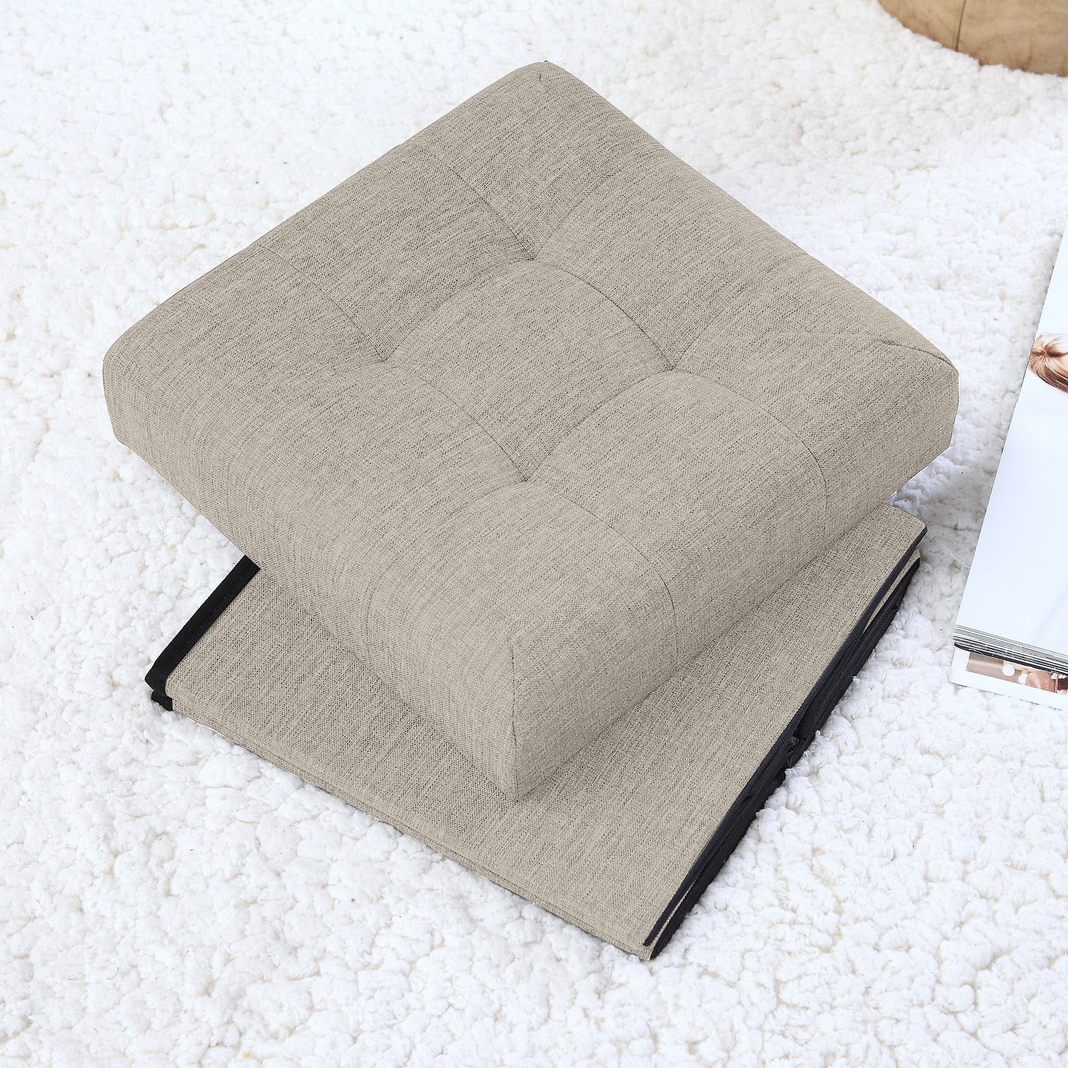 Tufted Linen Storage Ottoman
