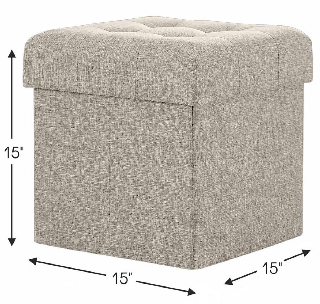 Tufted Linen Storage Ottoman