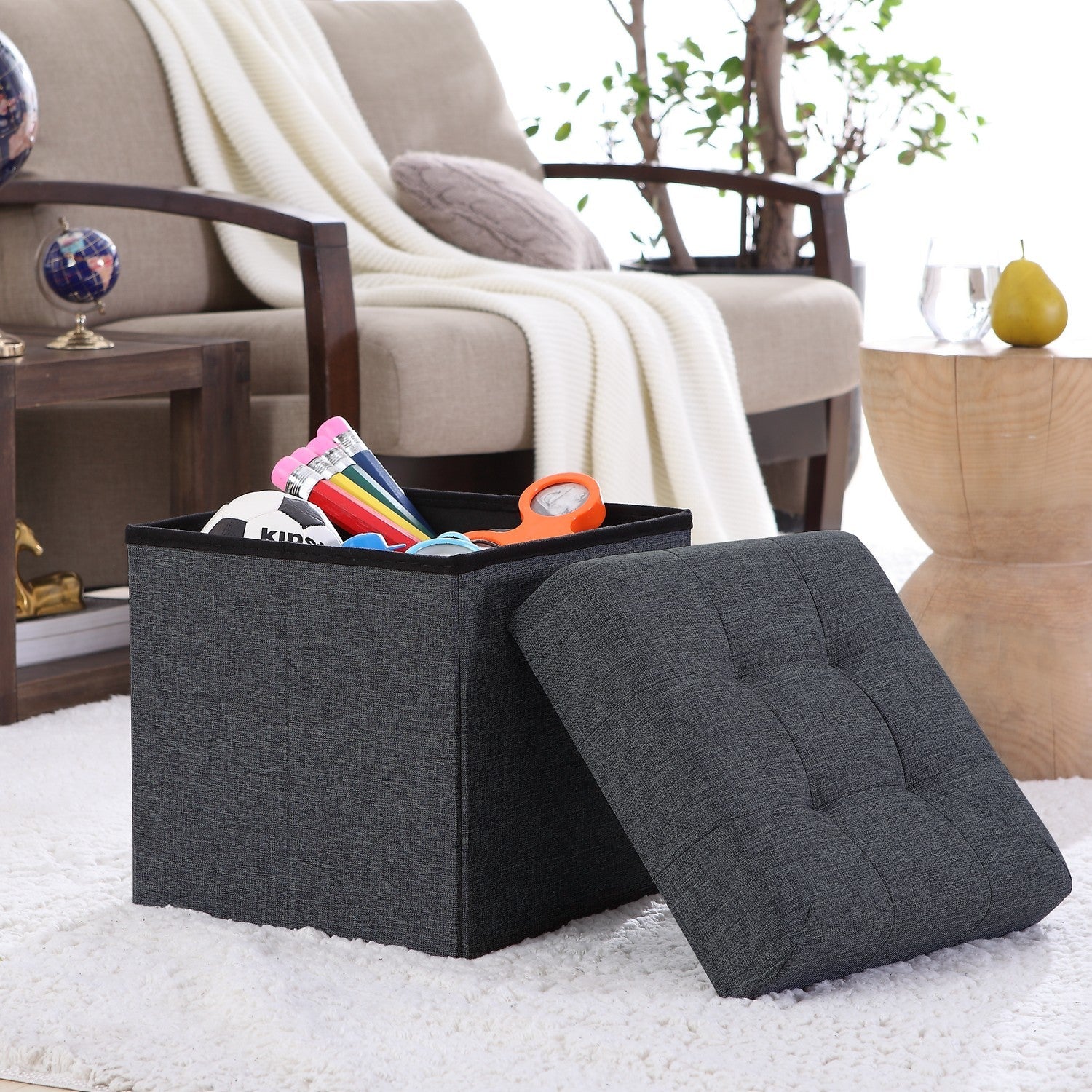 Tufted Linen Storage Ottoman
