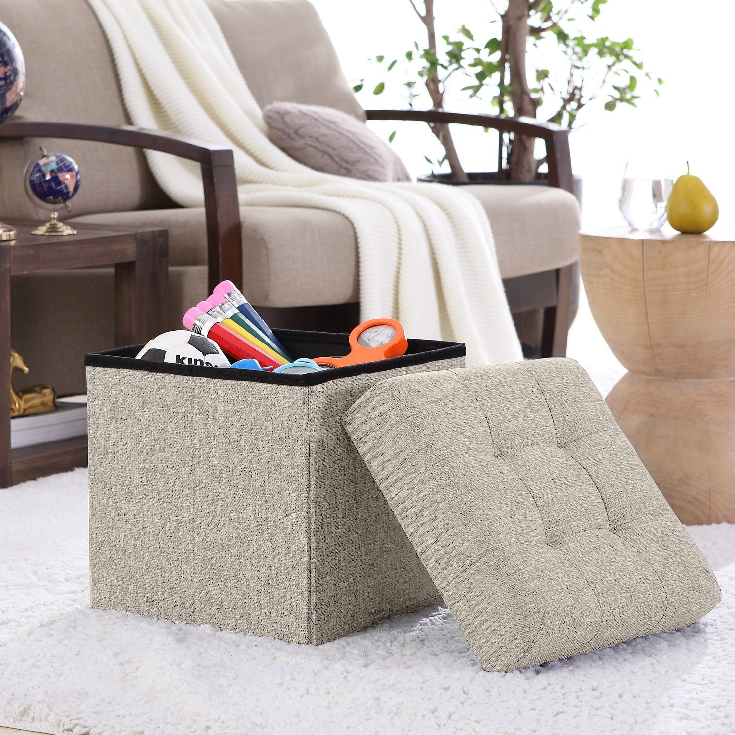 Tufted Linen Storage Ottoman