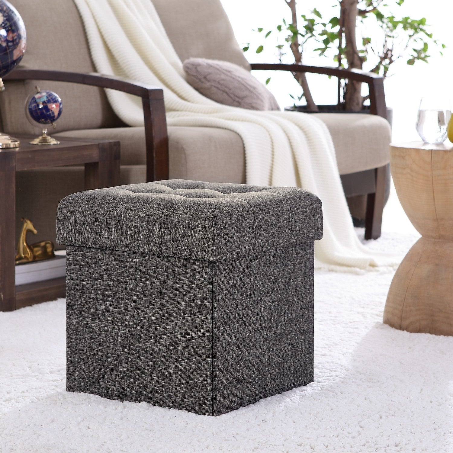 Tufted Linen Storage Ottoman