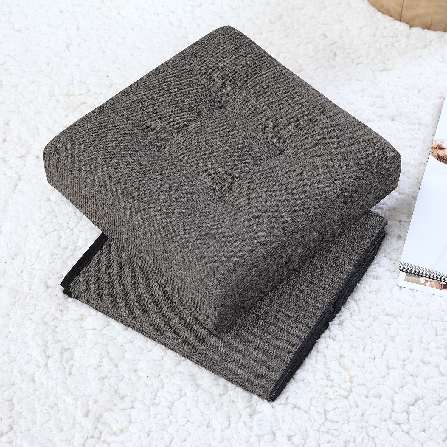 Tufted Linen Storage Ottoman