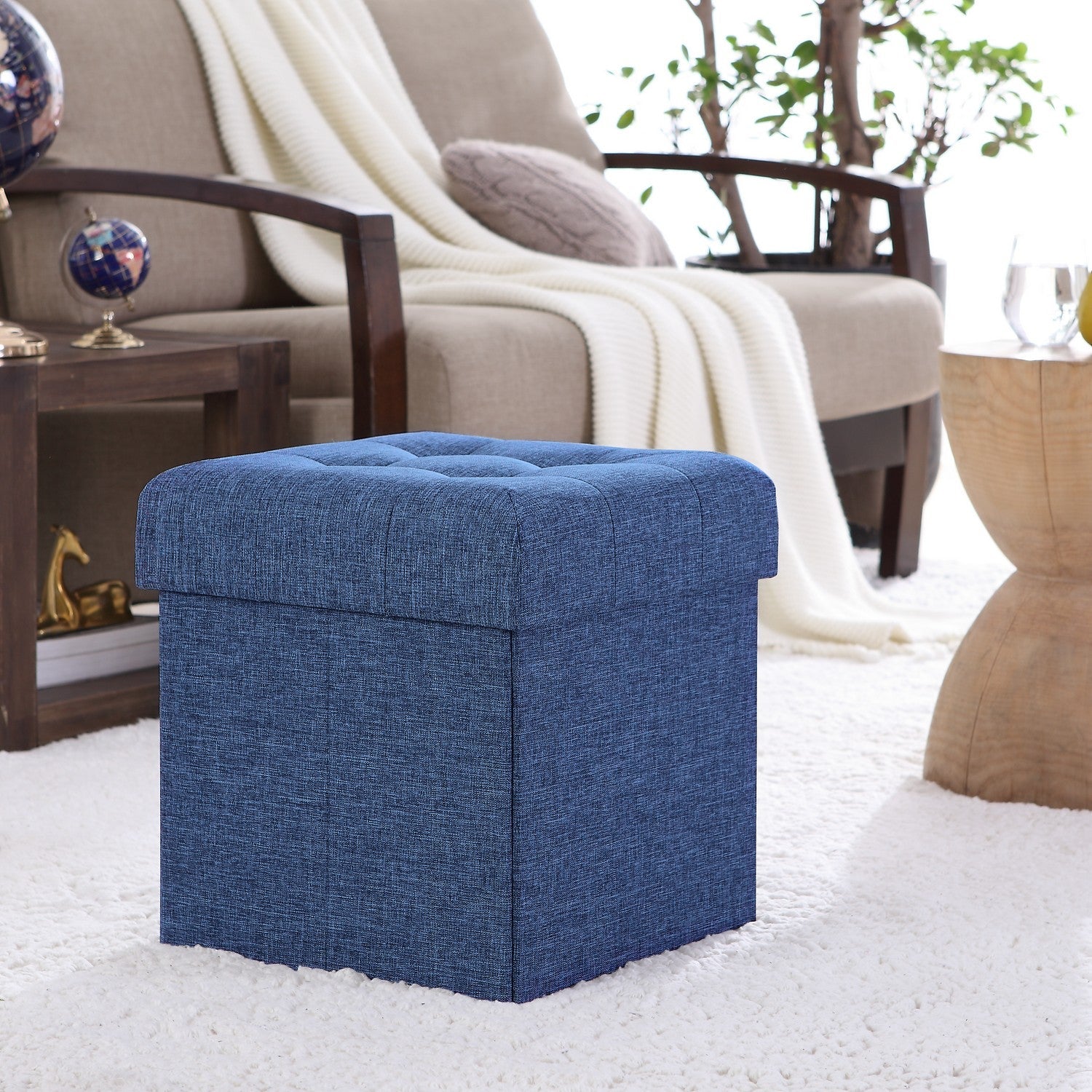 Tufted Linen Storage Ottoman