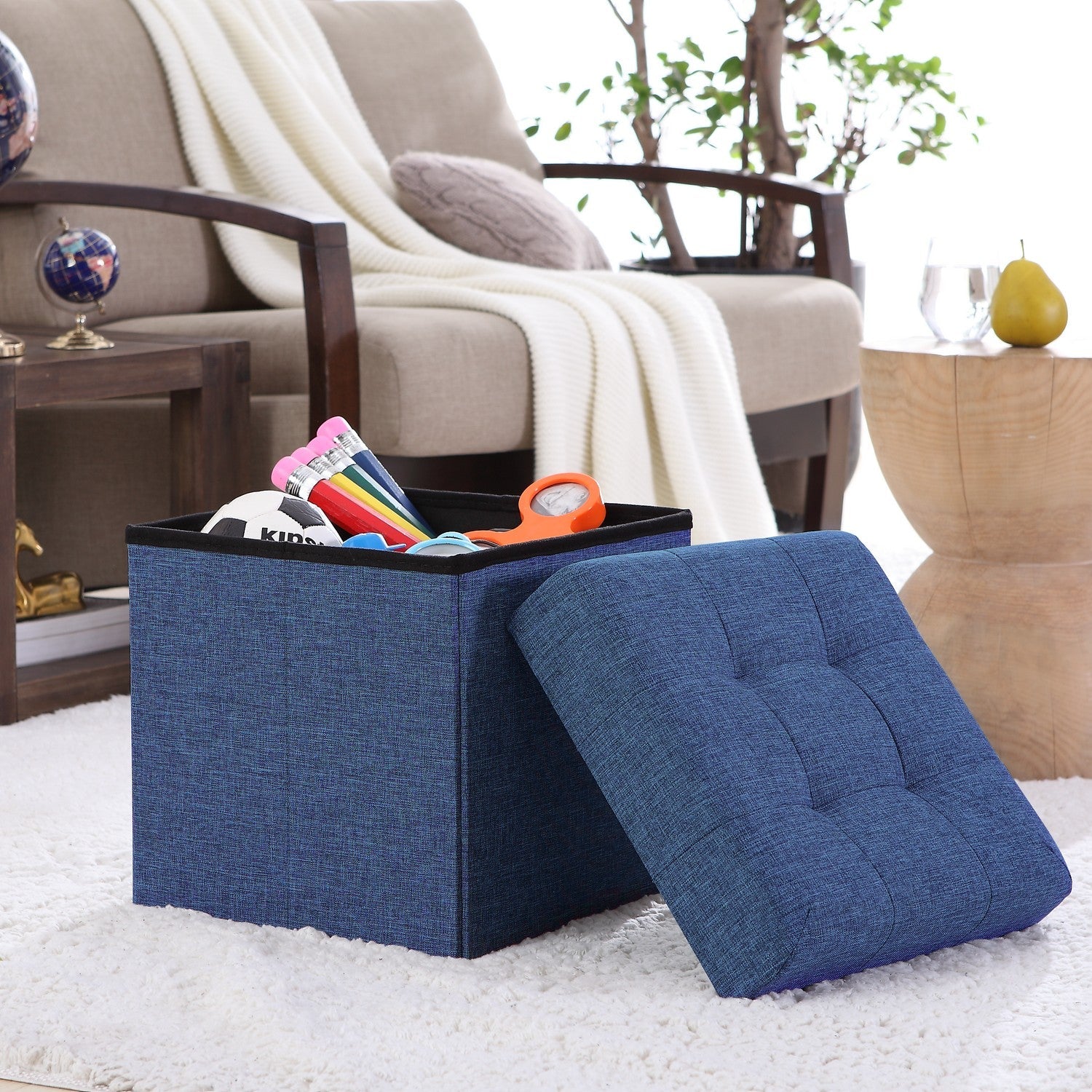 Tufted Linen Storage Ottoman