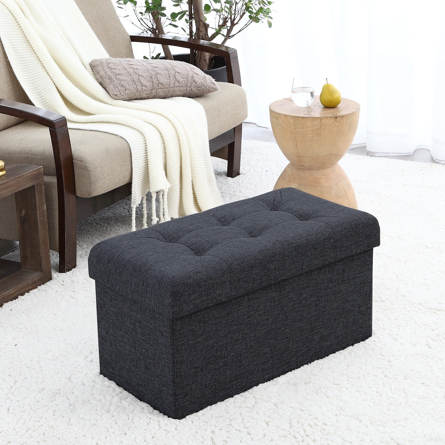 Tufted Linen Storage Ottoman