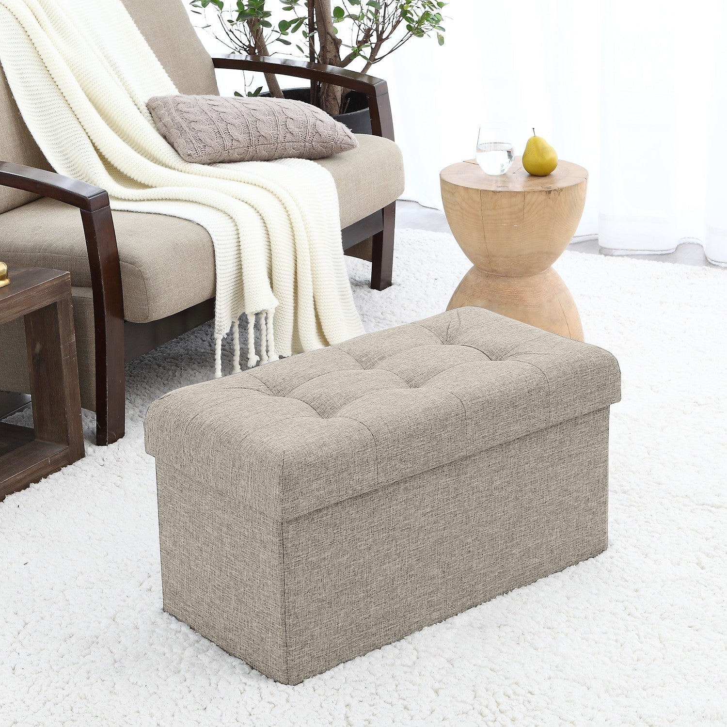 Tufted Linen Storage Ottoman