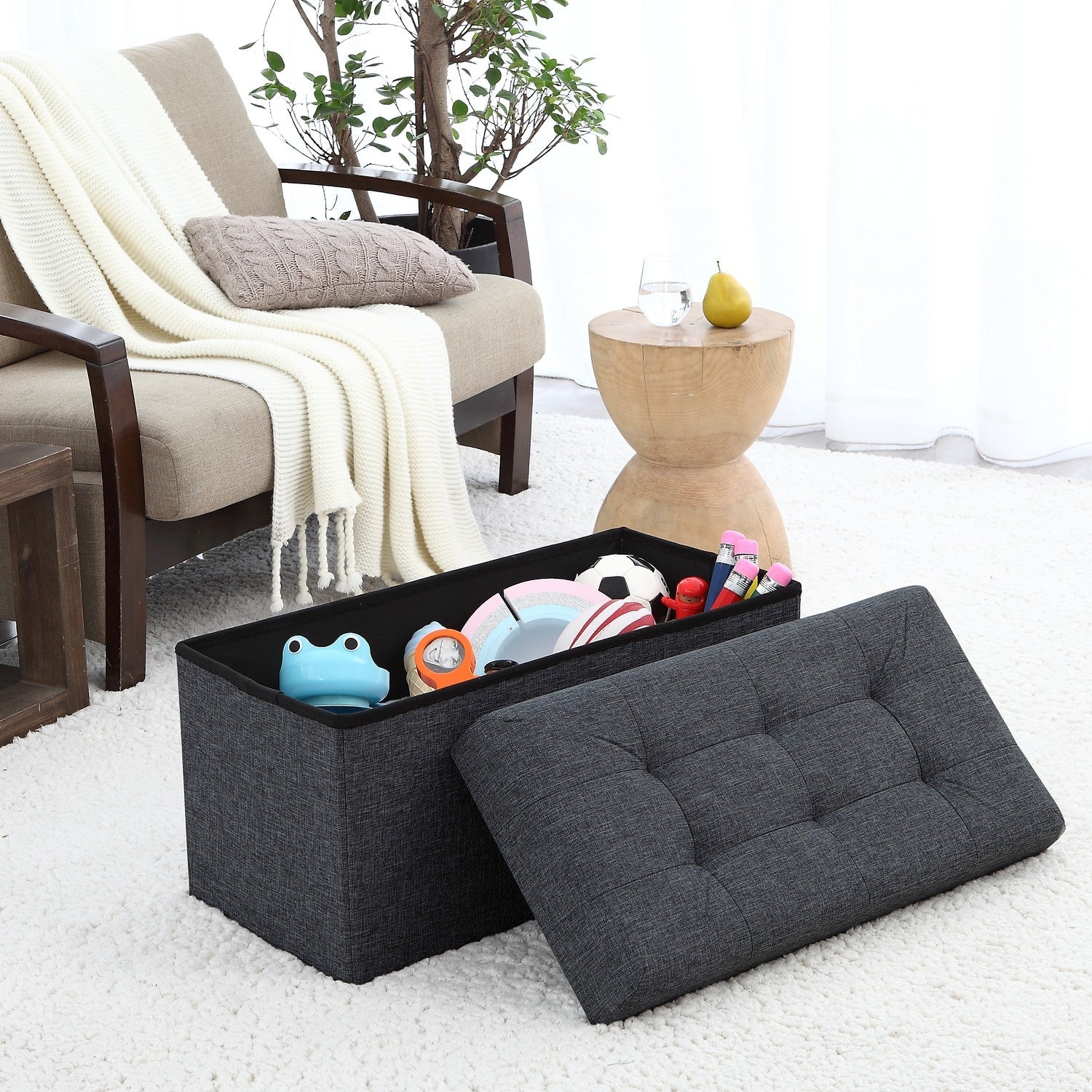 Tufted Linen Storage Ottoman
