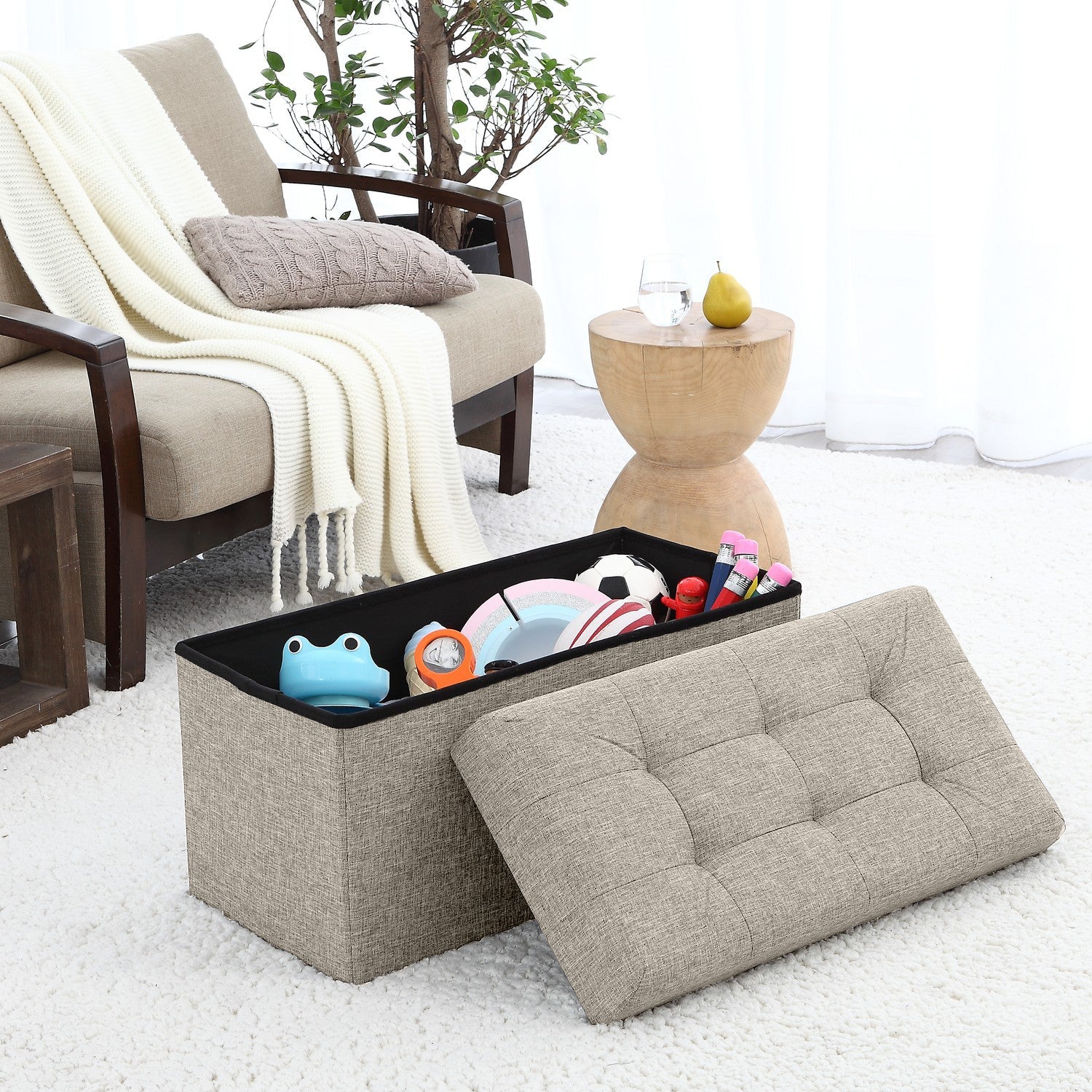 Tufted Linen Storage Ottoman
