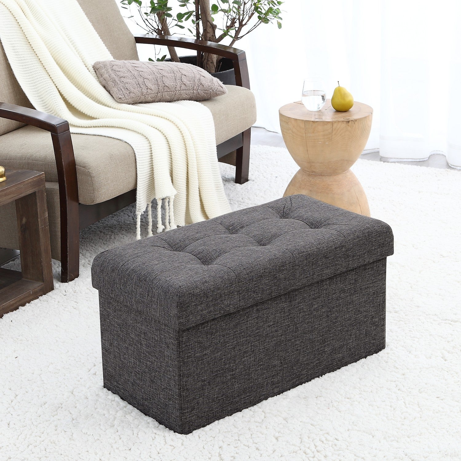 Tufted Linen Storage Ottoman