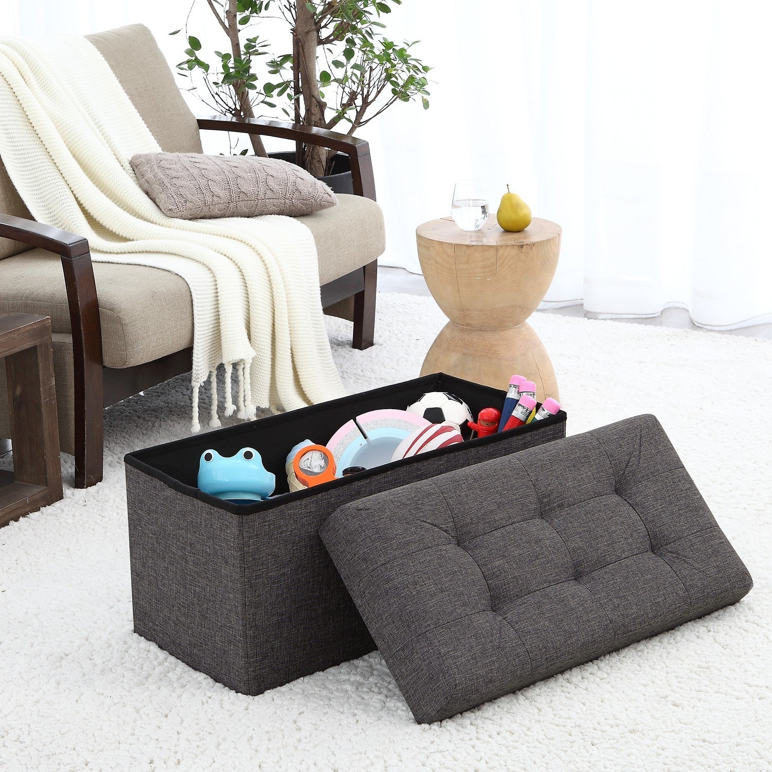 Tufted Linen Storage Ottoman
